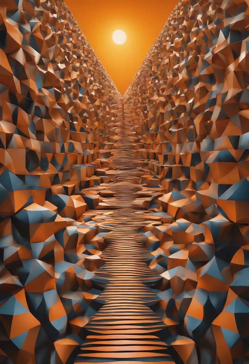 monument valley，optical illusions，cubismo，Yayoi Kusama，Escher's theory of relativity，iso-distance view,Dramaticlight,Translucent stereoscopic,Rich in color,Beautiful composition，tmasterpiece,Detailed details,k hd,Urban bridges，River forest