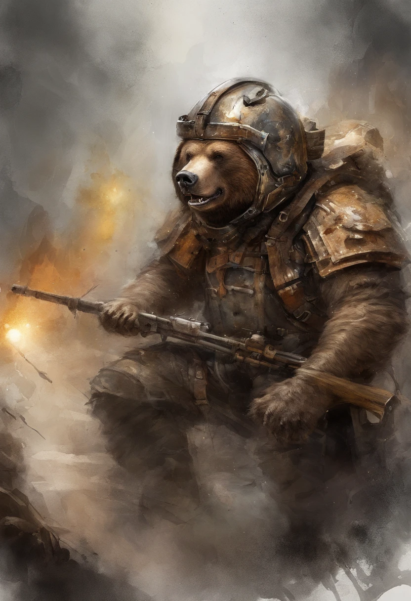 HighestQuali, Dramatic lighting, menacing posture, Fierce expression, Epic atmosphere, (((Bear-head-shaped helmet))), (((Full body shot))),Bears made of metal, Cyborg, Cyberpunk Style, Clockwork, ((Intricate details)), hdr, ((Intricate details, ultra - detailed)), Incandescent Lamps, cinema shot, Vignette, Bokeh effect Baker ground, (canid), (Full body shot).