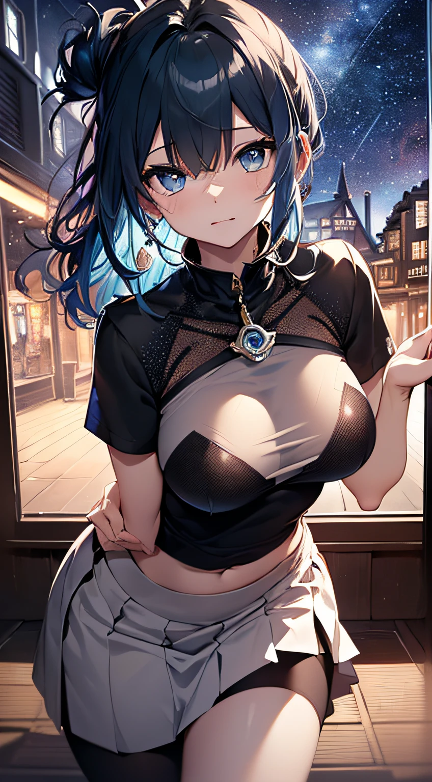 top-quality、Top image quality、​masterpiece、girl with((cute little、18year old、Best Bust、Medium bust、Bust 85,Beautiful blue eyes、Breasts wide open,Black Short Sleeve T-Shirt、White see-through、Black short skirt、Ponytail with black hair、Beautiful blue earrings、A slender、Blue hair mesh、、Leaning forward、Poses that emphasize breasts、Drunk、Being drunk、close to viewer、Kamimei、From  above、Shy face、dye one's cheeks red、POV POV Perspective、Zero distance to the viewer、hug)）hiquality、Beautiful Art、Background with((Red and blue lighting、Planetarium Town、Beautiful starry sky、Illumination Town)),masutepiece、Elaborate design、visualart、depth of fields、The best lighting、highestdetailed、8ｋ