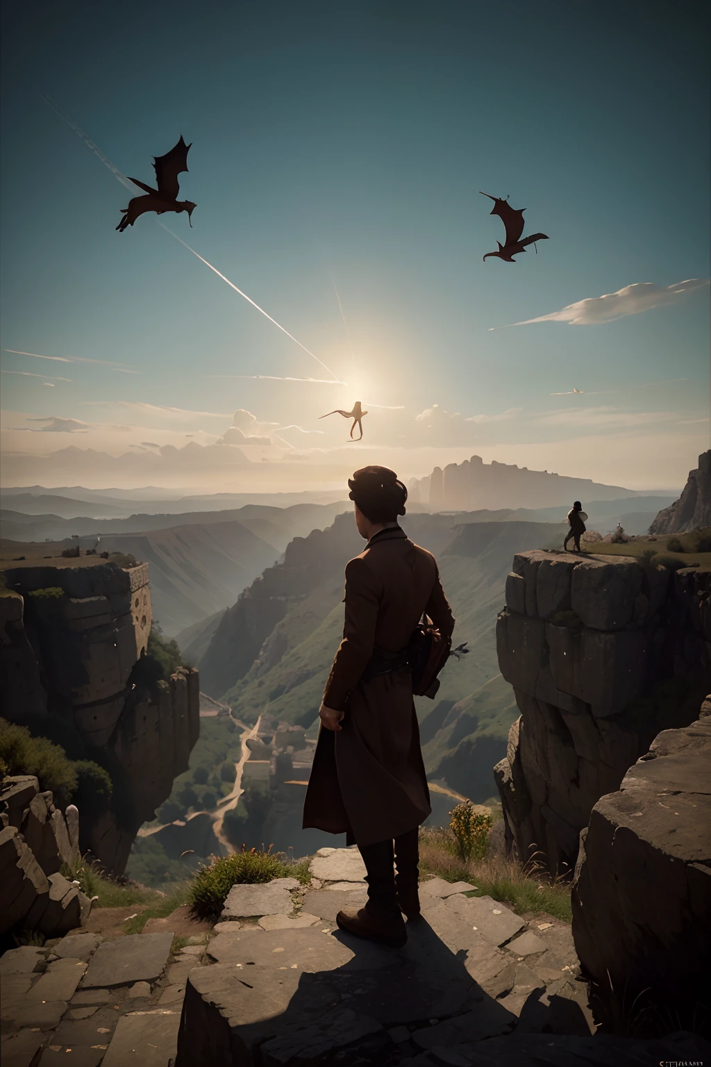 There was a man standing on a cliff，dragons flying around, inspired by Jakub Schikaneder, atey ghailan and steve mccurry, in style of atey ghailan, inspired by Carl Spitzweg, Inspired by Atey ghailan, Fez video games, journey thatgamecompany, very coherent stylized artwork, The picture is bright 8 K