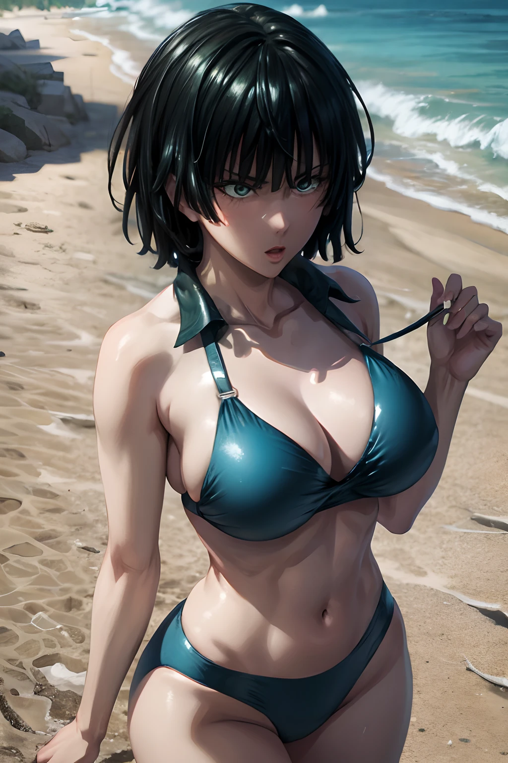 Fubuki in swimsuit, bikini azul con flores, bikini sexy