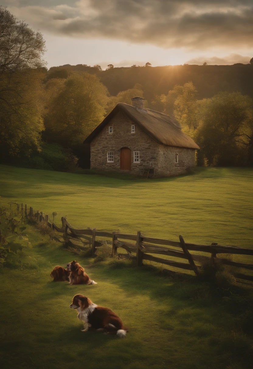 Painting of stone cottage in a field, a silhouet of a men and woman sitting on a bench nearby, a dog playing. In the background you see Some trees and the sun going under, bright colors, makes you feel happy when you see the painting