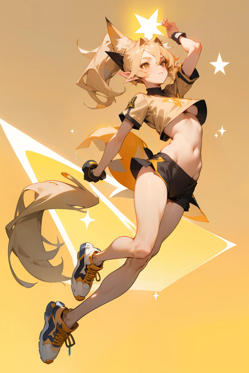 pointy ears,Long beige hair,one-girl,Bigboobs,fox ear,Two legs,wearing headphone,Star decoration,High ponytail,(Pre-emission medium distribution type),The hair on the sideburns is long,athletic sneakers