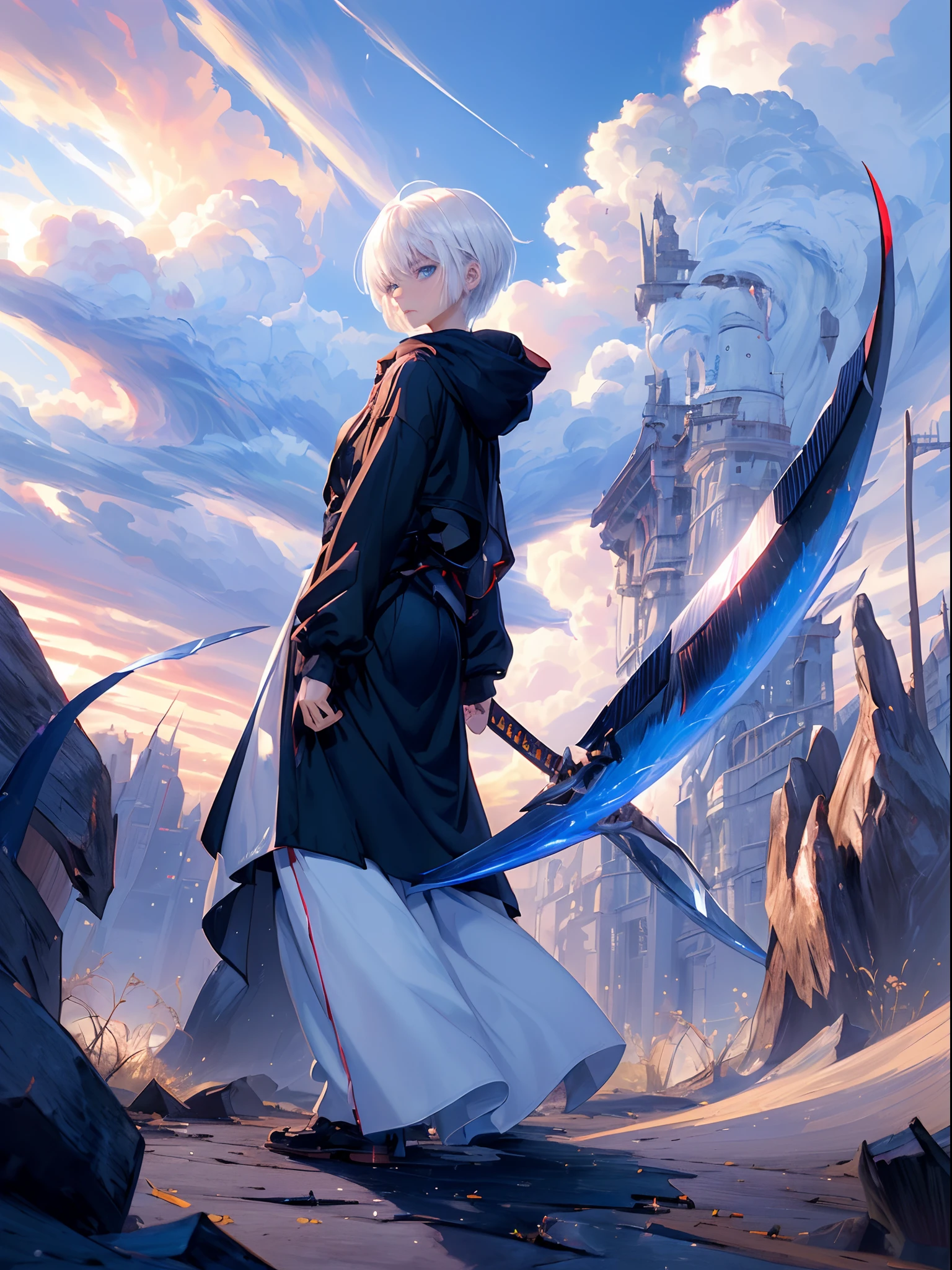 ((4K works))、masterpiece、(top-quality)、One Beautiful Girl、One Evil Man、((Male and female photos))、Slim body、tall、((Black Y-shirt and white pants、Charming street style))、Please wear one jacket、Wearing a hood to hide his face、(Detailed beautiful eyes)、Midnight Combat、In the fight against the demon man、((In battle on a cloudy sky))、saddened、suffocating、desolate、((Pitch-black tunnel))、((Face similar to Carly Rae Jepsen))、((Short-haired white hair))、((Smaller face))、((Neutral face))、((Bright blue eyes))、((American adult women))、((Adult female 26 years old))、((cool lady))、((Like a celebrity))、((Korean Makeup))、((elongated and sharp eyes))、((angry expressions))、((In the fight with the sword))、((boyish))、Professional Photos、((Shot by two))、((He's fighting demon men))、((He is in front of the viewer))、((He is fighting in a distant place))、((In front of him stands an evil man))、horor、Photos of sadness、((Photos during the battle))