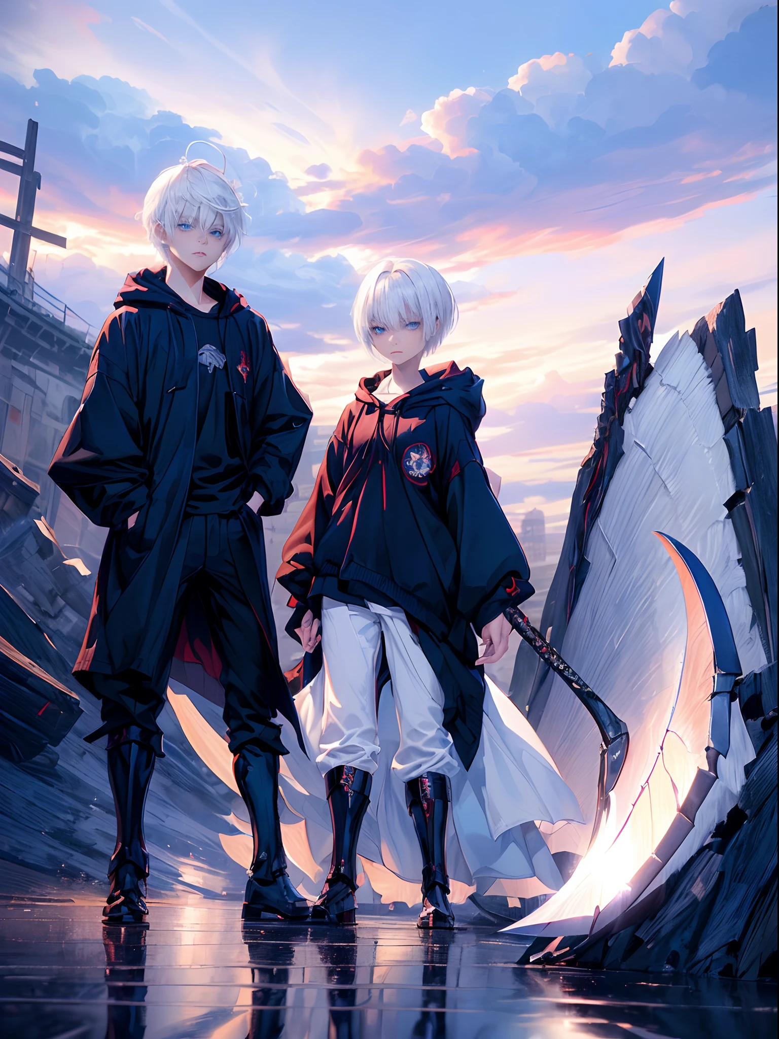 ((4K works))、​masterpiece、(top-quality)、One Beautiful Girl、One Evil Man、((Male and female photos))、Slim body、tall、((Black Y-shirt and white pants、Charming street style))、Please wear one jacket、Wearing a hood to hide his face、(Detailed beautiful eyes)、Midnight Combat、In the fight against the demon man、((In battle on a cloudy sky))、saddened、suffocating、desolate、((Pitch-black tunnel))、((Face similar to Carly Rae Jepsen))、((Short-haired white hair))、((Smaller face))、((Neutral face))、((Bright blue eyes))、((American adult women))、((Adult female 26 years old))、((cool lady))、((Like a celebrity))、((Korean Makeup))、((elongated and sharp eyes))、((angry expressions))、((In the fight with the sword))、((boyish))、Professional Photos、((Shot by two))、((He's fighting demon men))、((He is in front of the viewer))、((He is fighting in a distant place))、((In front of him stands an evil man))、horor、Photos of sadness、((Photos during the battle))