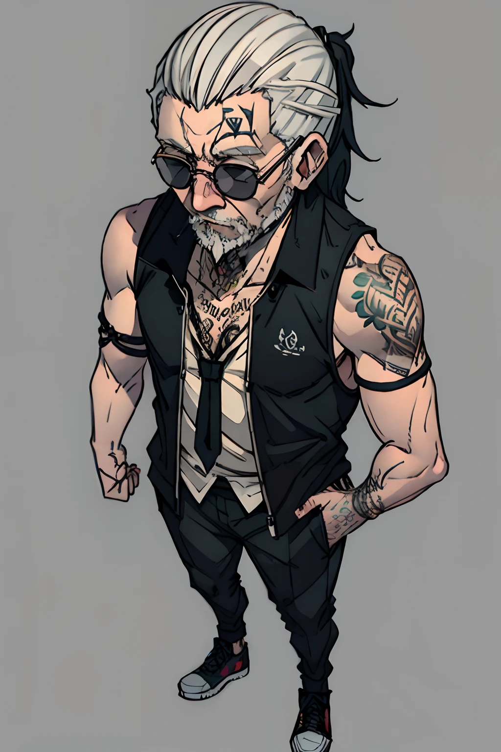 Slim man, old hipster man wearing a vest, tied up hair and tattoos on his arms, full body