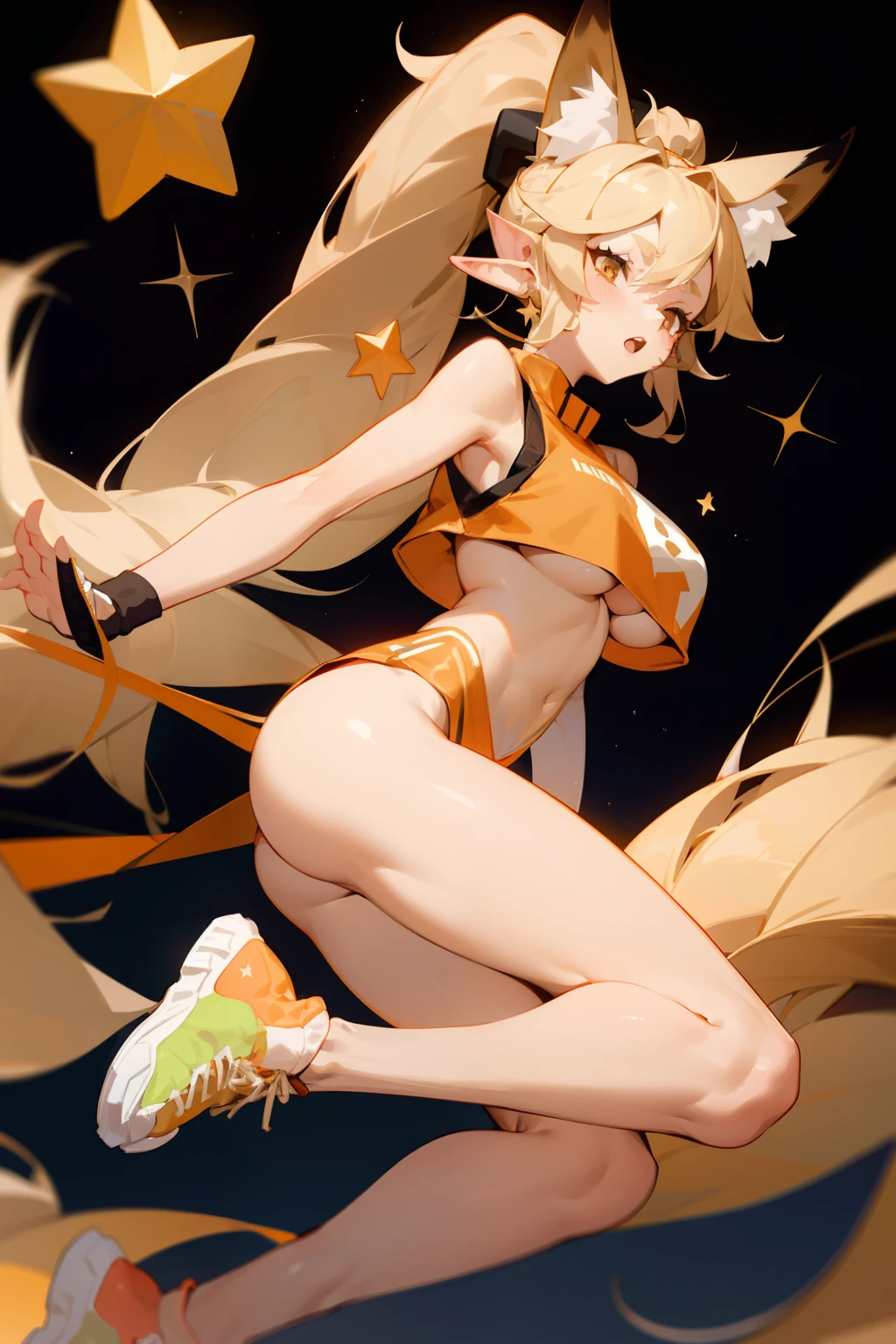 pointy ears,Long beige hair,one-girl,Bigboobs,fox ear,Two legs,wearing headphone,Star decoration,High ponytail,(Front-launch medium distribution type),The hair on the sideburns is long,athletic sneakers