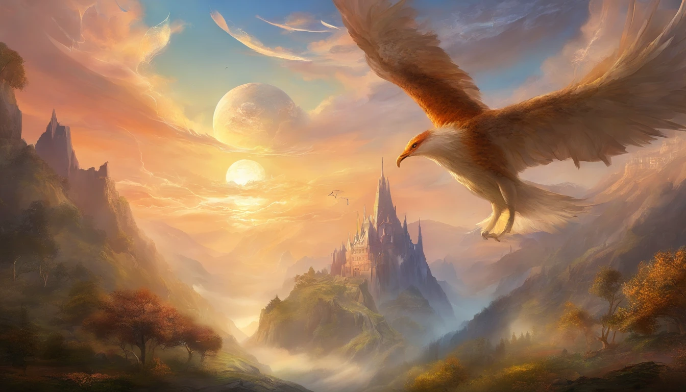 mountains々Pintura de un fenix dando vueltas entre,Con el fenix como fondo principal,Hay nubes,There are mountains,Volando en el cielo(fenix:1.5),highly detailed fantasy art,D hiperrealista & d fantasy art, Ganador del concurso Artstation,