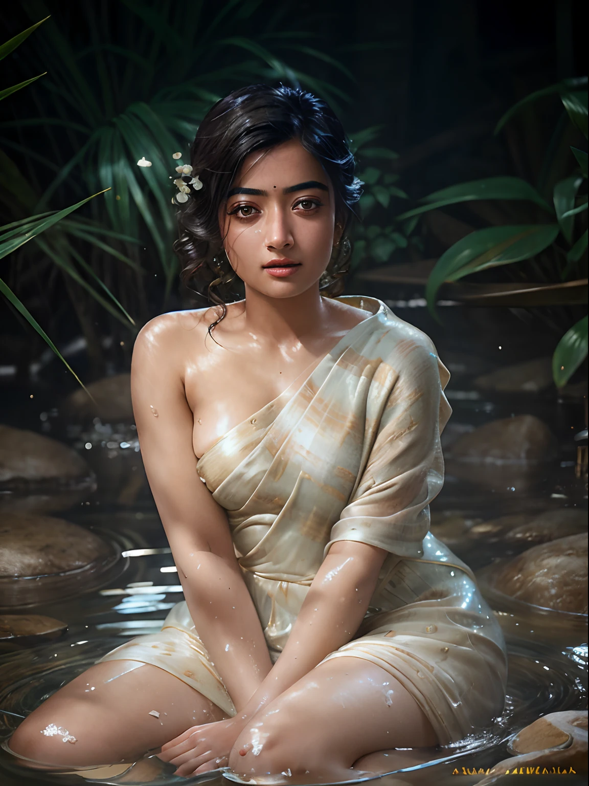 Close up portrait of Rashmika Mandanna  bathing naked in a crystal clear river, reeds, (backlighting), realistic, masterpiece, highest quality, lens flare, shade, bloom, [[chromatic aberration]], by Jeremy Lipking, by Antonio J. Manzanedo, digital painting,