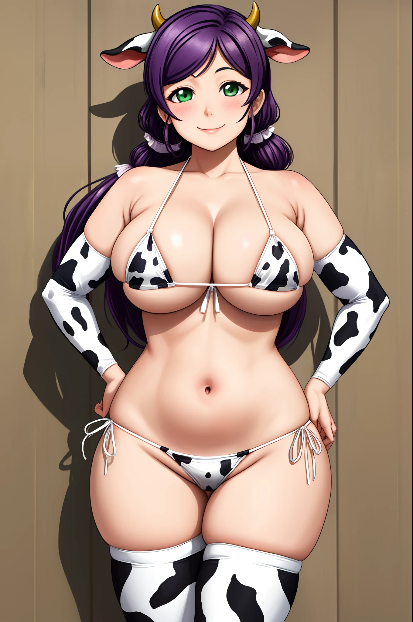 Toujo nozomi, green eyes,white micro bikini, side-tie bikini, cow paint, cow print thighhighs, hands on hips, smile, serious eye,blush,big breasts, underboob,thicc , curvy body, realistic