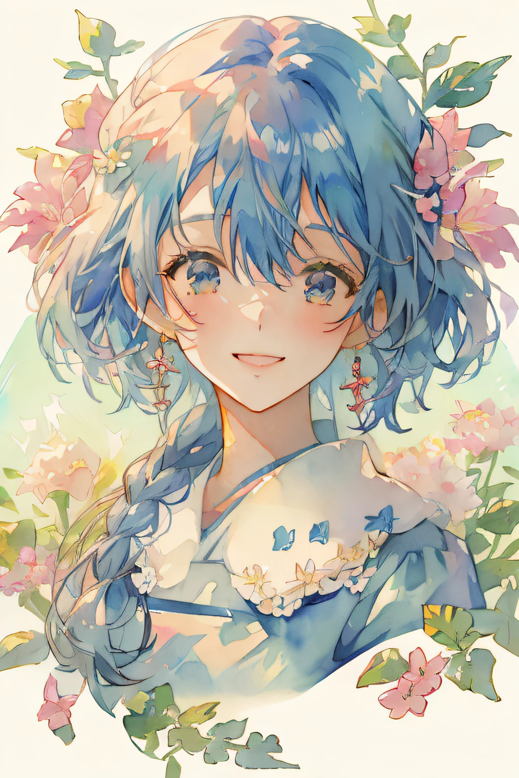 (High quality, 8K), watercolor paiting, Simple Blue Dress, Woman with flowers and blue dress in hair, beautiful anime artwork, Beautiful anime, Beautiful Anime Portrait, clean detailed anime art, soft anime illustration, anime art wallpaper 4k, anime art wallpaper 4k, Detailed Digital Anime Art, beautiful anime art style, beautiful anime style, detailed anime art,A detailed face,A detailed eye,(Soft light),Smile, Blue, lots of flower, winter, warm