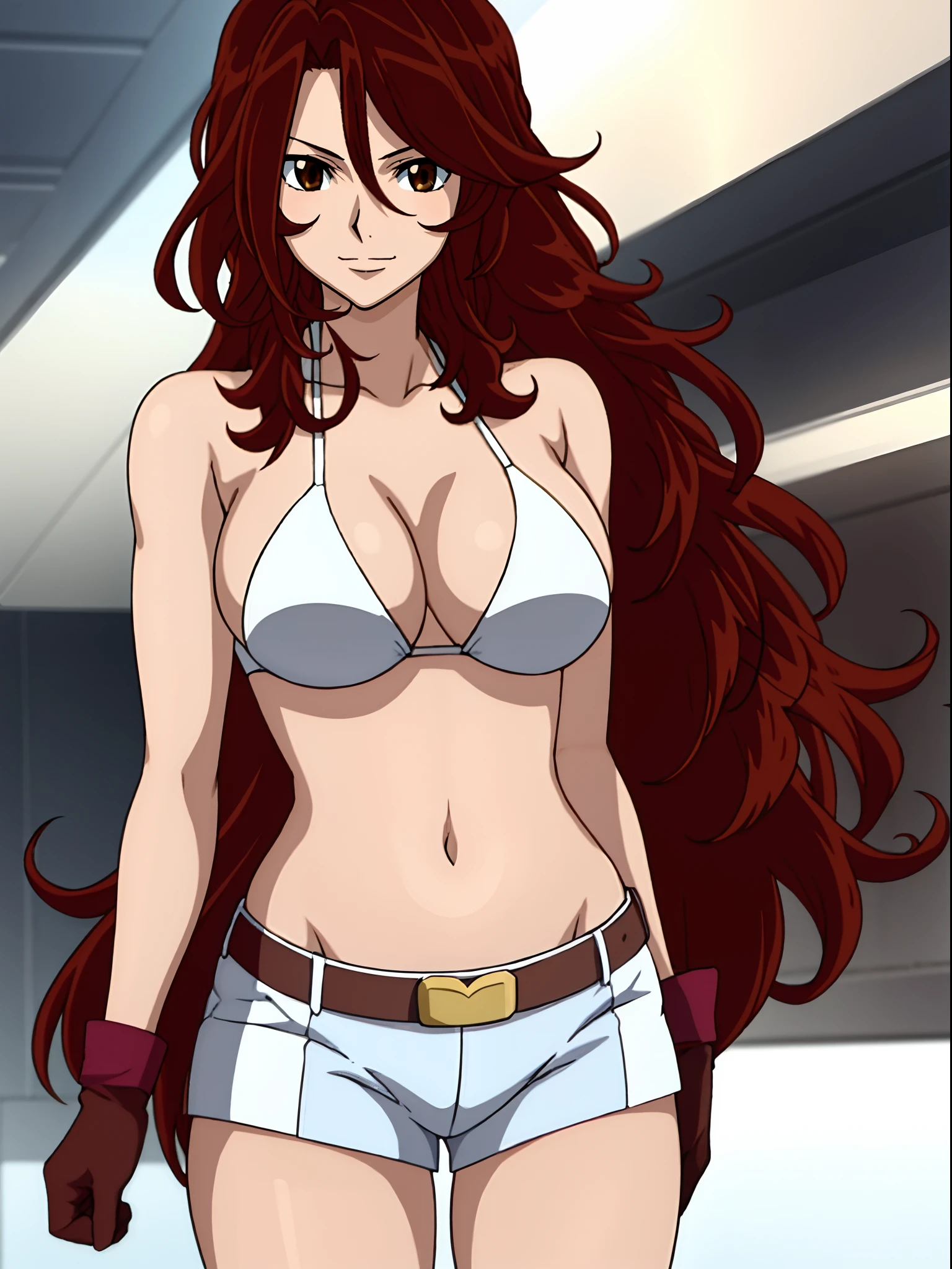 Best Quality, hires, curvy midsection, solo, 1 girl, strong woman, female wrestler, smile, happy), (detailed titration screen, upper body only, anime style: 1.8, anime drawing, ultra detailed face, ultra detailed body, 4k, Sumergai Lee Noriega, (standing), best quality, anime style, hires, highest definition, digital blending, bold drawing lines, ((wwe diva), ((White Background)), ( pro female wrestler, long attractive belly, slim body, (strong arm muscles), broad shoulders , off-shoulders, closed fists, (very curvy: 2.8)), ((elegant red bikini , shorts, white gloves, arm band, arm band, (champion belt))), (pale skin, big breasts, closed mouth), (big eyes, brown eyes, shiny eyes), (), (reddish hair, loose hair, curly hair, wavy hair, long hair, missy hair), 27 years old