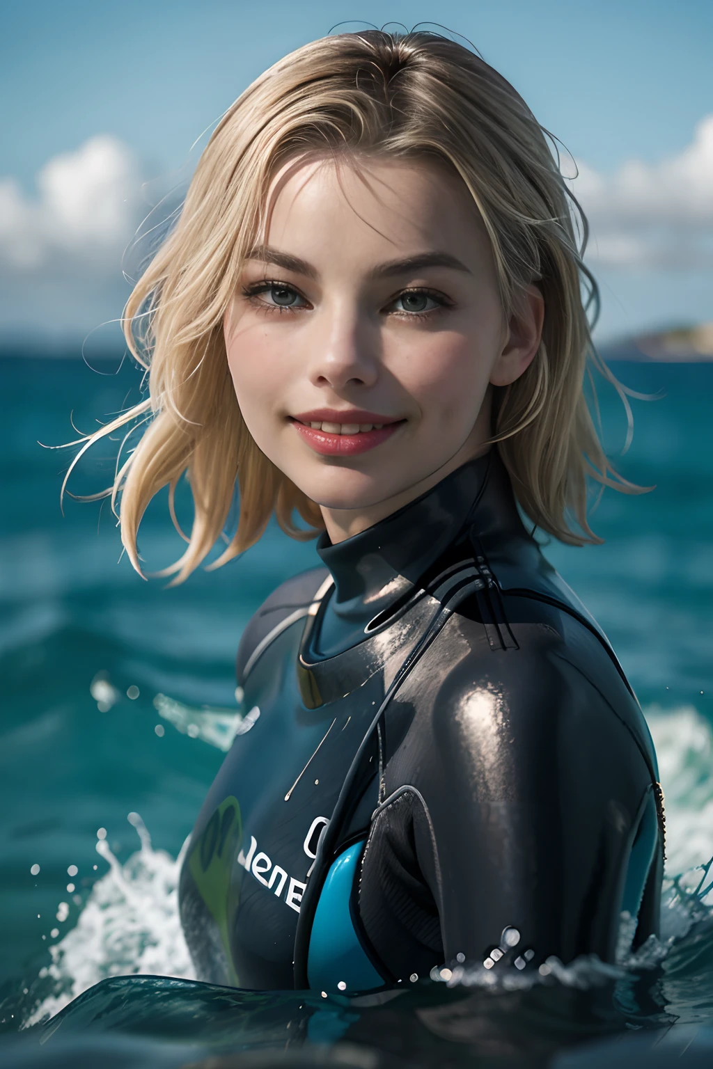 Margot Robbie, 1girl, portrait, face, depth of field, smile, wetsuit, sea, evening, afloat, waves,