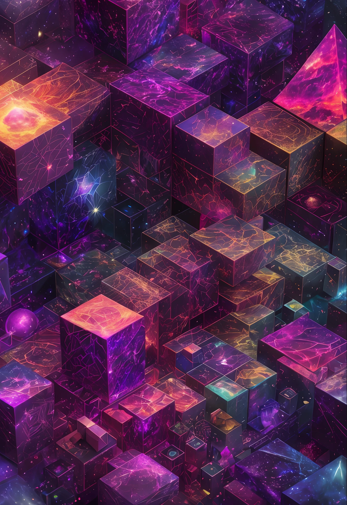 (best quality,4k,8k,highres,masterpiece:1.2),ultra-detailed,(realistic,photorealistic,photo-realistic:1.37),
Inlay,Strange geometry,Confusing,multi-dimensional,Unusual shape,Romantic Nebula,Chaos Cube stacking inlay,darkly,Destroyed planets,molten,Pyramid maze geometry,portrait,landscape,concept artists,vivid colors,warm tones,soft lighting
