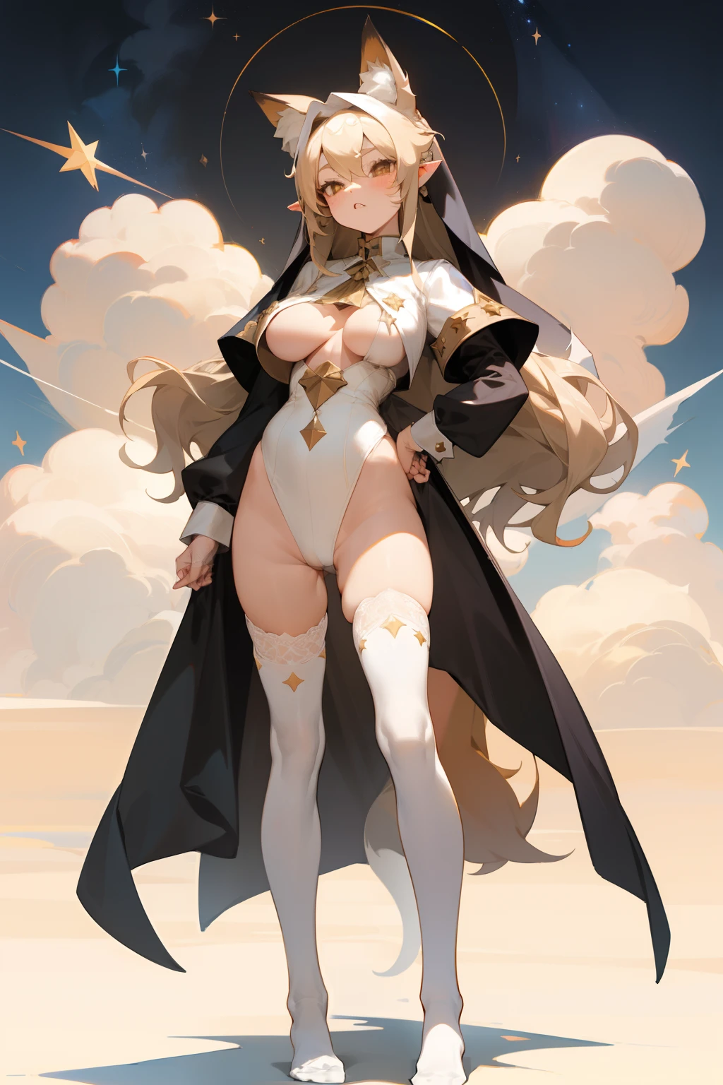 pointy ears，Long beige hair，one-girl，Bigboobs，fox ear，Two legs，White knee-length stockings，Star decoration，（middle parted hairstyle），The hair of the sideburns grows to the chest，hair straight，Lace，No shoes on，Standing in the clouds，Clouds，lewd nun，chies