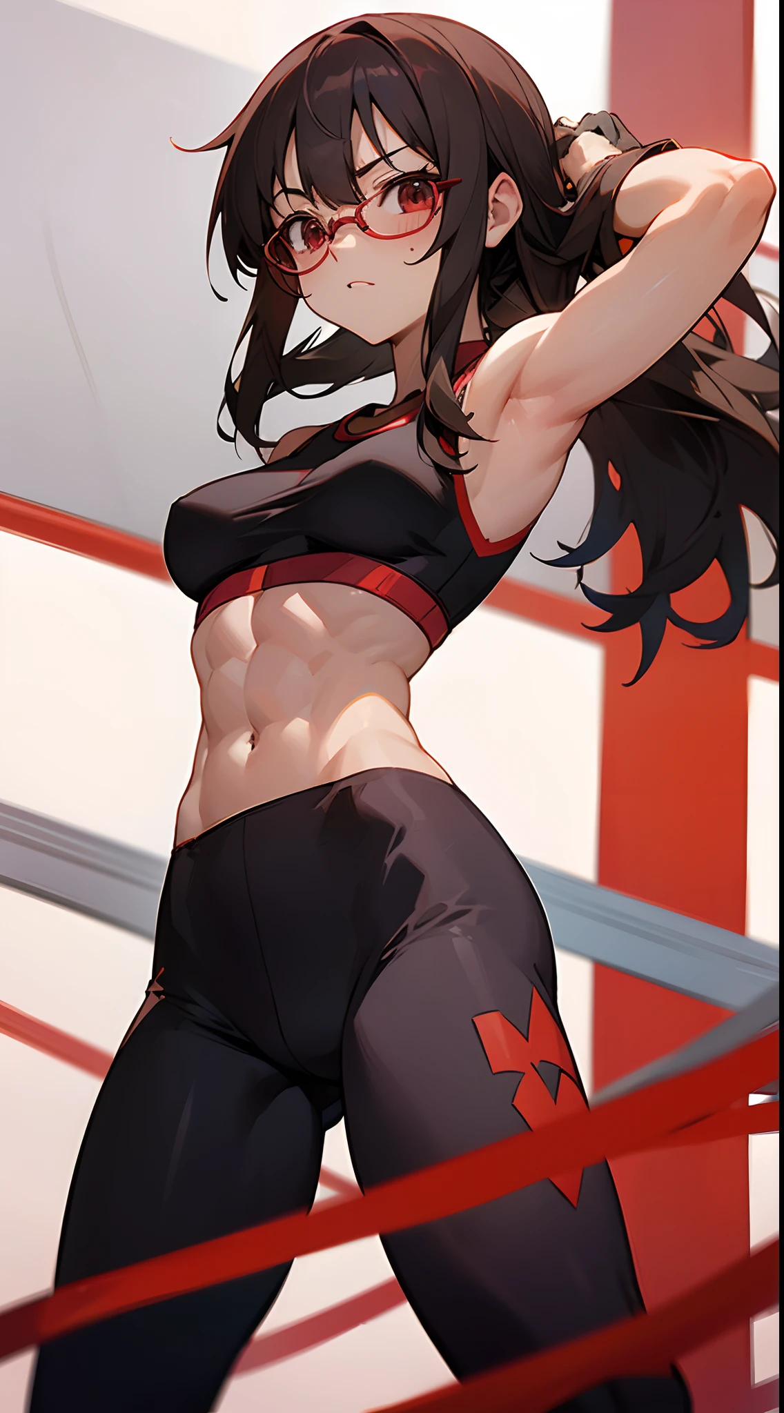 Megumin, six pack abs, muscle arms, sport bra, sport leggins, glasses