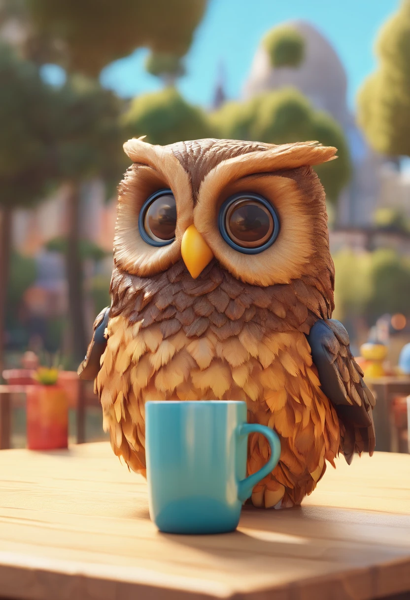 An owl with big eyes and fuzzy feathers is sitting on a coffee table in a park. The sun is shining and there are a lot of people walking and playing. The owl is taking a sip of coffee from a small cup and smiling to herself. She is wearing a coffee cap with the symbol of an owl on it.