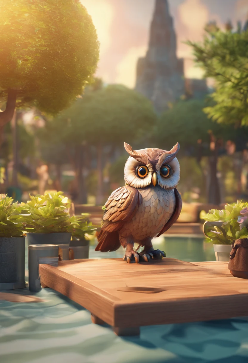 An owl with big eyes and fuzzy feathers is sitting on a coffee table in a park. The sun is shining and there are a lot of people walking and playing. The owl is taking a sip of coffee from a small cup and smiling to herself. She is wearing a coffee cap with the symbol of an owl on it.