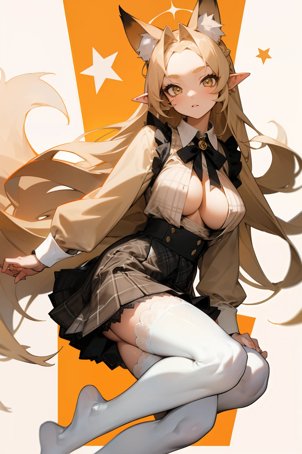 pointy ears，Long beige hair，one-girl，Bigboobs，fox ear，Two legs，White knee-length stockings，Star decoration，（middle parted hairstyle），The hair on the sideburns is long，hair straight，Lace，No shoes on，Wear a shirt on the upper body，Wear a short skirt on the lower body，Plaid shirt，Short plaid skirt，the maid outfit