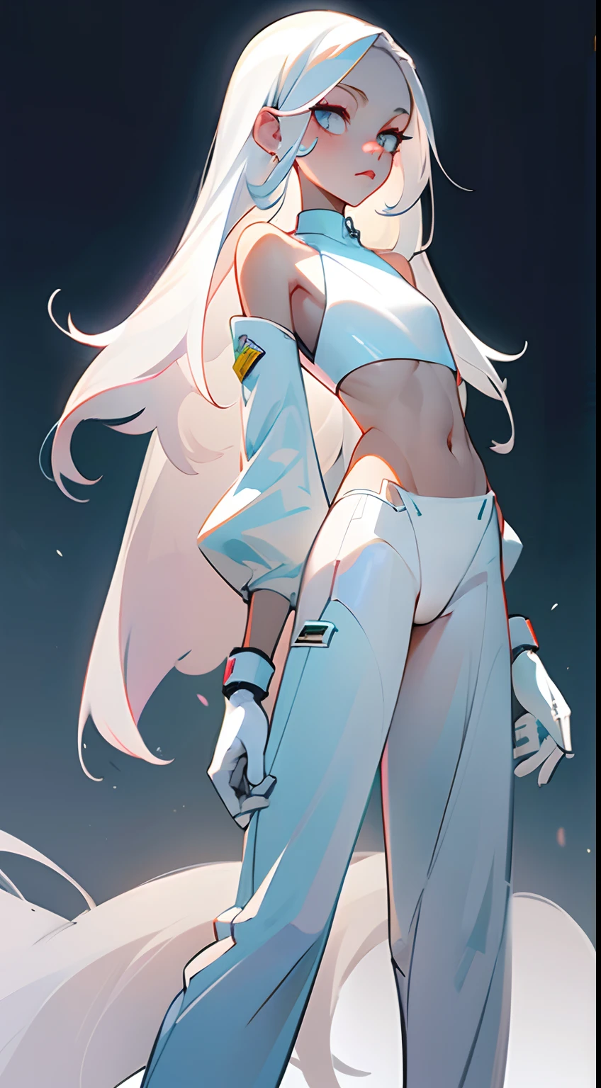 Girl with long thin white hair, White Skin Skin, Slim, beatiful face, little chest, In a thong and crop top, white sneakers, Full-length, seen from behind