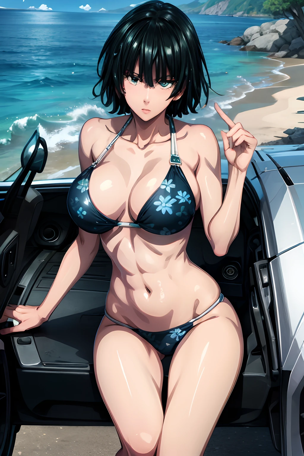 black eye patch, right eye covering, short hair, blue eyes, short black,black eye patch, 1girl, himeno (chainsaw man), masterpiece, best quality, high resolution, , eye patch, chest, cowboy shot, outdoor, bikini, spread legs, squatting,background sea,HMN1,sea,micro bikini,from behind,back shot, red bikini