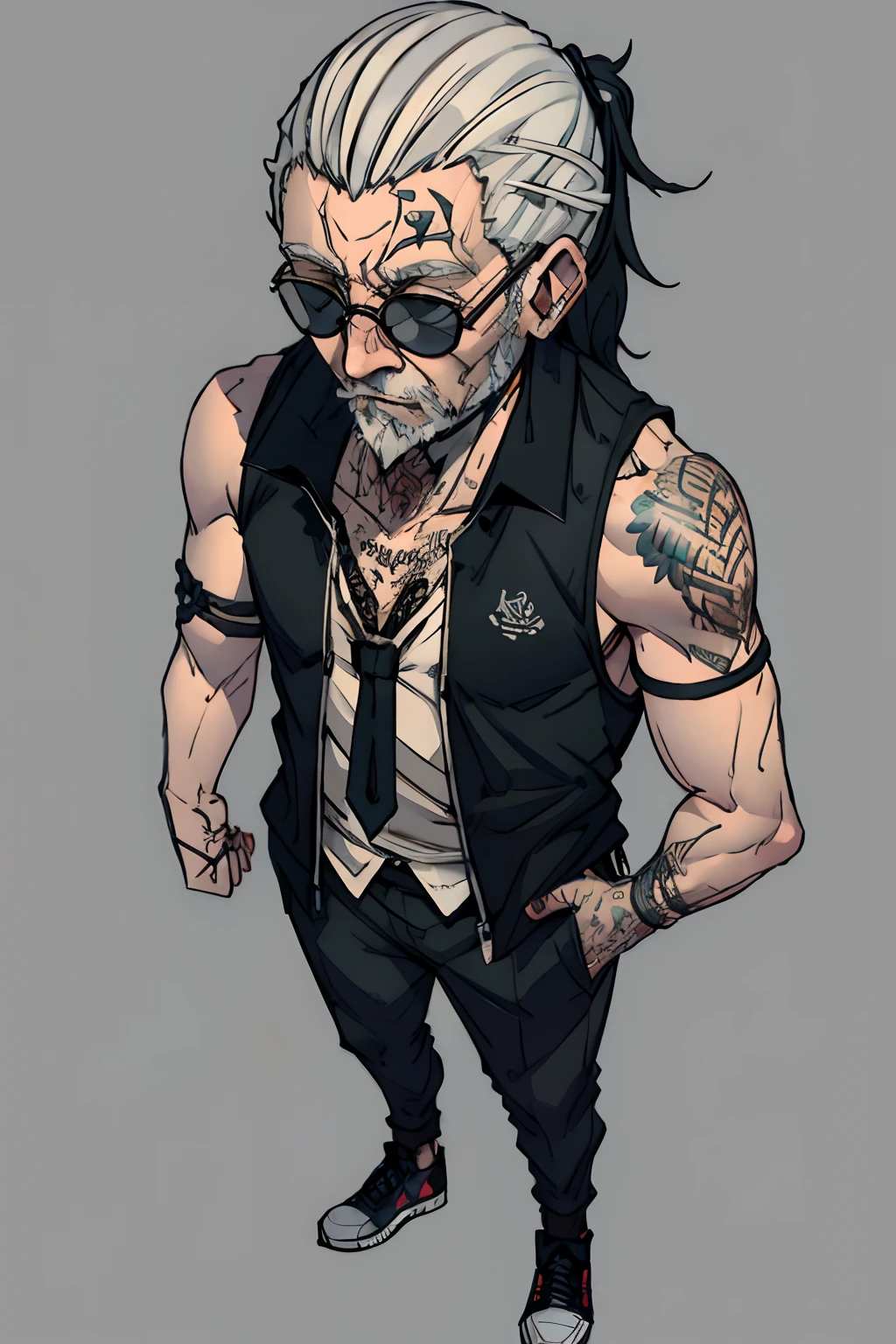 Slim man, old hipster man wearing a vest, tied up hair and tattoos on his arms, full body