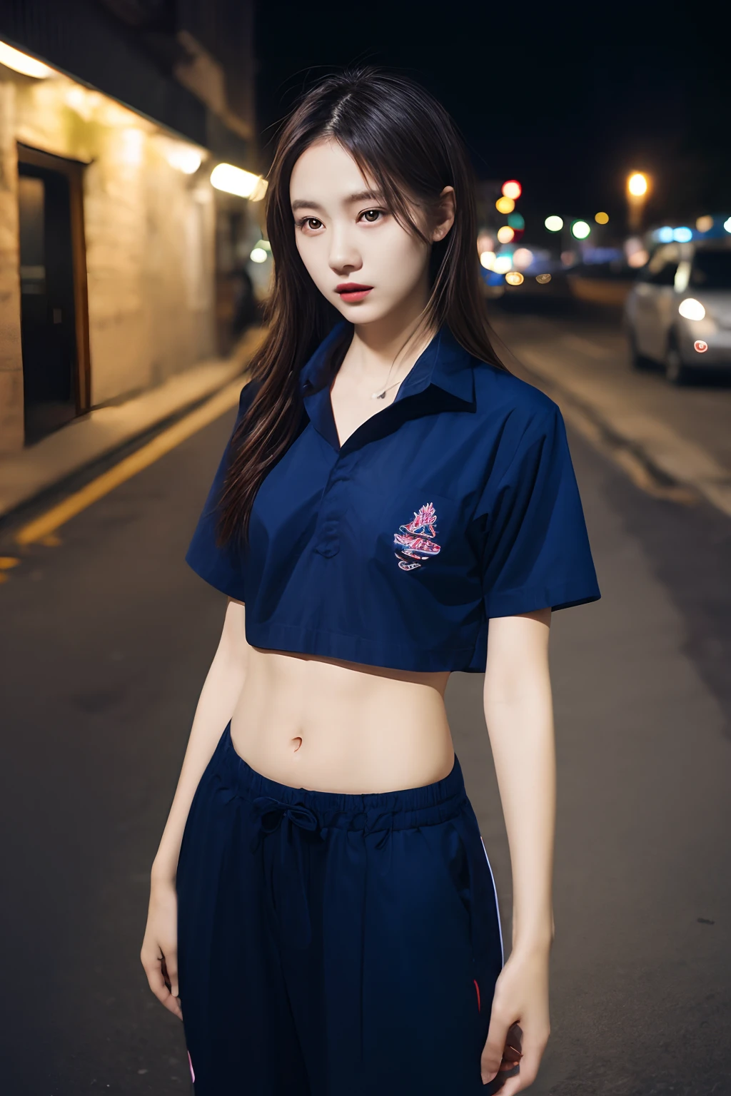 ((Night scene, bestquality, 10, masterpiece: 1.3)), Focus: 1.2, perfect body beauty: 1.4, Buttocks: 1.2, (Layered Haircut: 1.2)), (Dark Street: 1.3), bara, Highly detailed face and skin texture, Full Body Esbian, delicate eyes, 二重まぶた, Whitens the skin., long-haired, (Round face: 1.5), (Loose crop top, short pants: 1.6), high-res, Big breasts, Realistic chest details, Beautiful breasts, Realistic pale skin, Realistic hand detail, Detailed realistic fingers, Perfect human body ratio, perfect female figure, Sexy, sexual expression, seduce, Very detailed, Ultra realsisim images, Smooth Lighting, detailed eyes, My details are lifelike., Slim Abs, Detailed realistic arms, Realistic human body gestures, Tight transparent underwear, Realistic female body parts details, Young Beautiful Girl, sexy girl, Realistic necklace details,masterpiece, best quality, ultra realistic, hyper-detailed, 8k resolution, RAW photo, sharp focus, (2 girl in coffee shop), ((navy shirt:1.1)), short sleeves, long trackpant, perfect body, 2 mature female, 18yo, cinematic light