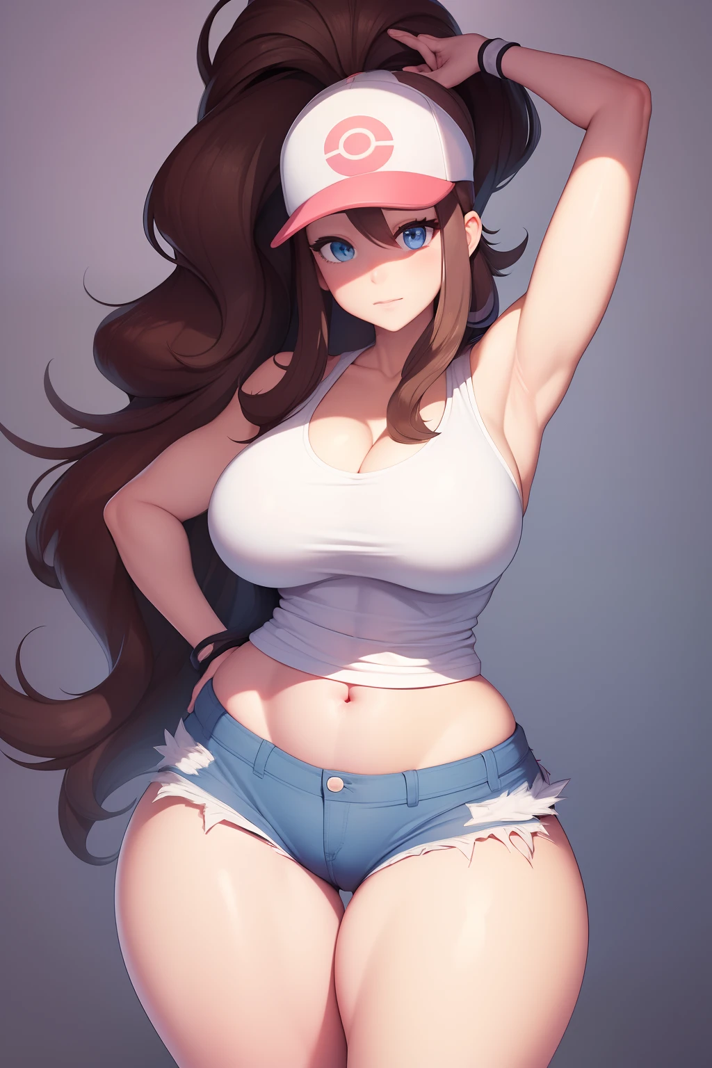 High detail, perfect face, full body, hilda pokemon, white sleeveless top, blue shorts, white cap, long brown hair, large ponytail, standing, beautifull blue eyes, detailed face, slimthick, absurdly thick thighs, ((wide hips:1.3)), thicc