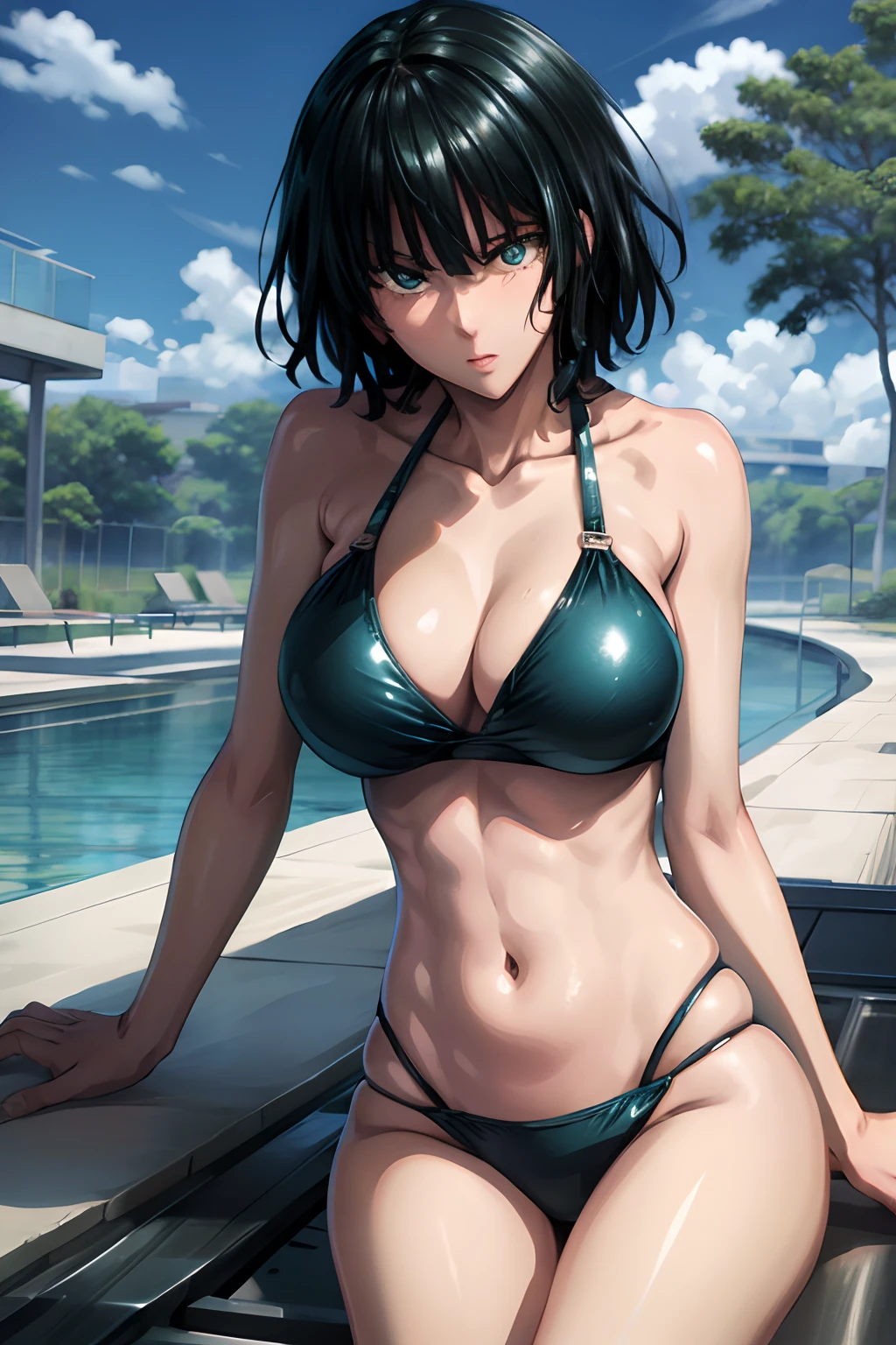 Fubuki in swimsuit, bikini azul con flores, bikini sexy, bikini revelador, bikini delgado