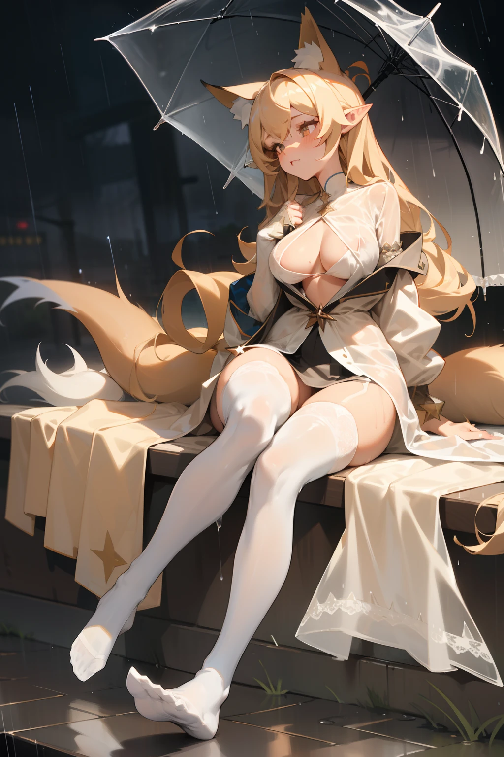 pointy ears,Long beige hair,one-girl,Bigboobs,fox ear,Two legs,White knee-length stockings,Star decoration,(middle parted hairstyle),The hair of the sideburns grows to the chest,hair straight,Lace,see-through raincoat,No shoes on,Rainy streets,Underwear rain,Get wet all over your body