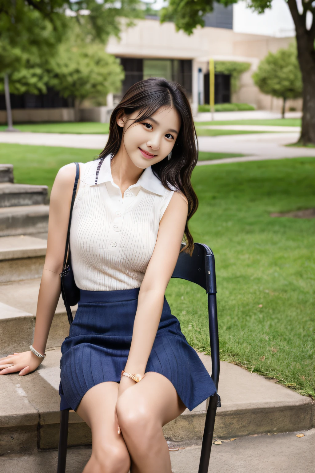 ((nsfw)), ((sitting)), 1 girl, solo, (sleeveless rib knit), (teacher outfit), (pencil skirt), (16k, masterpiece, RAW photo, best quality,realistic, photo-realistic, detailed skin:1.2),extremely beautiful face, seductive smile, looking at viewer, cowboy shot, blurred background, background_white_wall , at park, stairs, windy, tilt head, hands on own chest sit on a chair with one's legs crossed