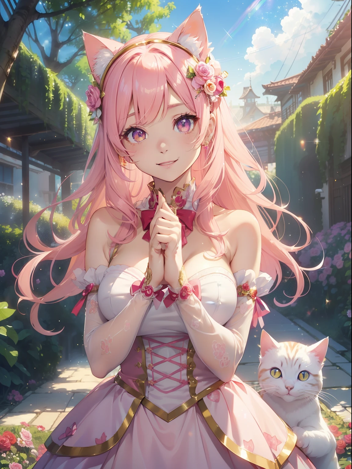 masutepiece, High resolution, 8K, anime woman, Delicate and detailed writing 、Detailed digital illustration、Very long hair and shiny、Bangs、a very beautiful woman、Eyes are double, Large, Bust is D cup、High image quality, High quality、Detailed background、(((Wearing idol clothes)))、((Colorful flower garden、Very beautiful background of clouds and rainbow in the sky))、(The inside of the eye shines like a diamond、Light pink hair、Gradient pupil、(((2 arms、4 fingers, 1 thumb)))、Detailed female face、Very beautiful and cute woman、、细致背景、​masterpiece、Soft Focus , Bright gradient watercolor , Lens Flare , (((Glitter))) , Glow , Dreamy ,Idol、Pink ribbon、Very beautiful red rose hair accessories、Pink and gold outfit、White is the main costume、((Full smile))、((Macro for the eyes))、(((cat ear、Cat costume)))、((Cat Pose)))
