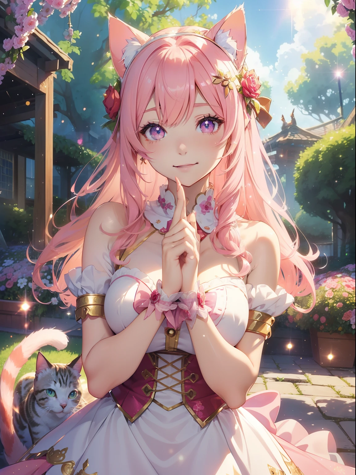 masutepiece, High resolution, 8K, anime woman, Delicate and detailed writing 、Detailed digital illustration、Very long hair and shiny、Bangs、a very beautiful woman、Eyes are double, Large, Bust is D cup、High image quality, High quality、Detailed background、(((Wearing idol clothes)))、((Colorful flower garden、Very beautiful background of clouds and rainbow in the sky))、(The inside of the eye shines like a diamond、Light pink hair、Gradient pupil、(((2 arms、4 fingers, 1 thumb)))、Detailed female face、Very beautiful and cute woman、、细致背景、masterpiece、Soft Focus , Bright gradient watercolor , Lens Flare , (((Glitter))) , Glow , Dreamy ,Idol、Pink ribbon、Very beautiful red rose hair accessories、Pink and gold outfit、White is the main costume、((Full smile))、((Macro for the eyes))、(((cat ear、Cat costume)))、((Cat Pose)))