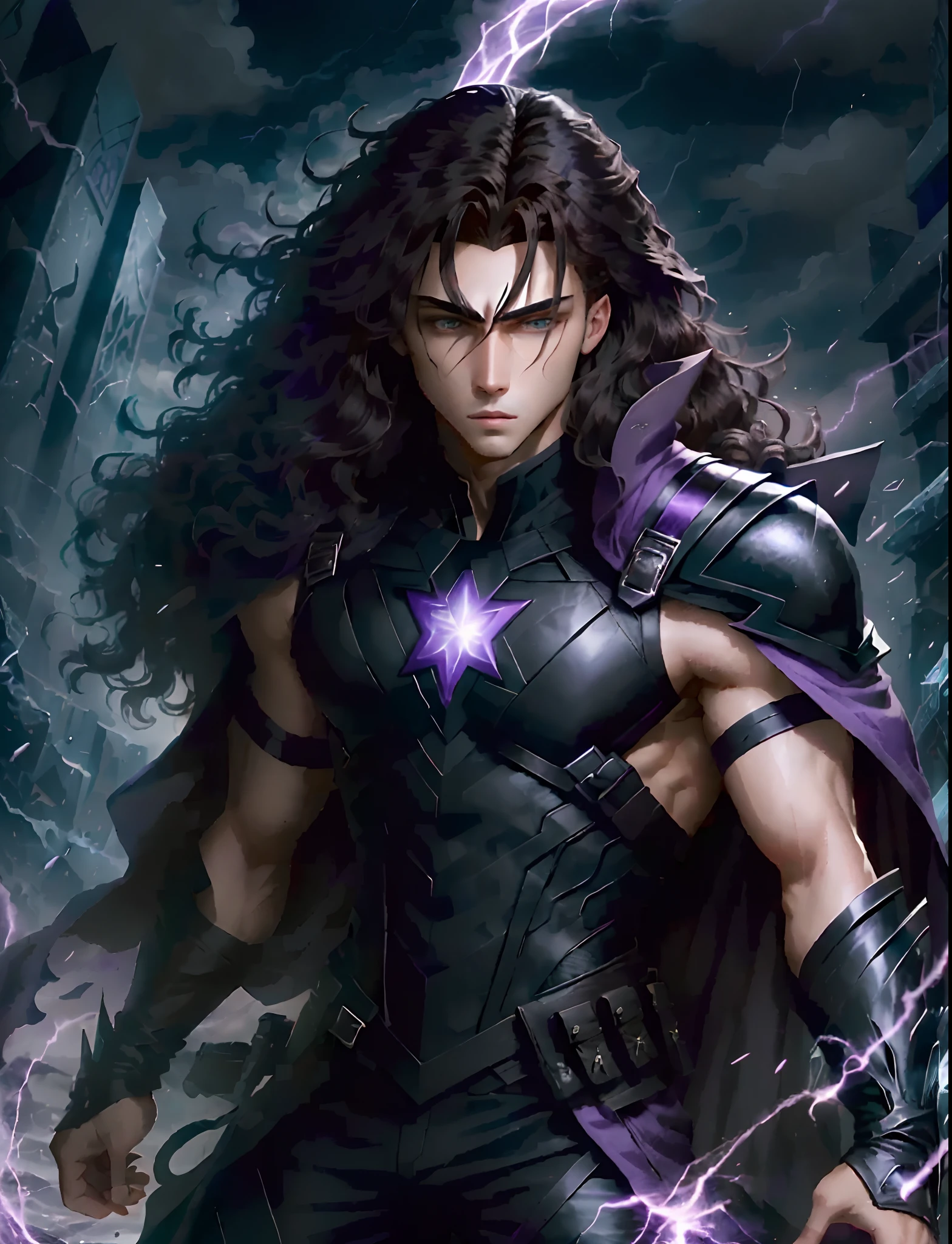 make me a handsome  black male character with long curly hair and dark brown eyes with dream manipulation powers. His eyes glow purple and his hair floats when his powers are activated. He is a vigilante hero turned villain and dresses in dark clothing usually accentuated with purple colors as well. make this in marvel style.