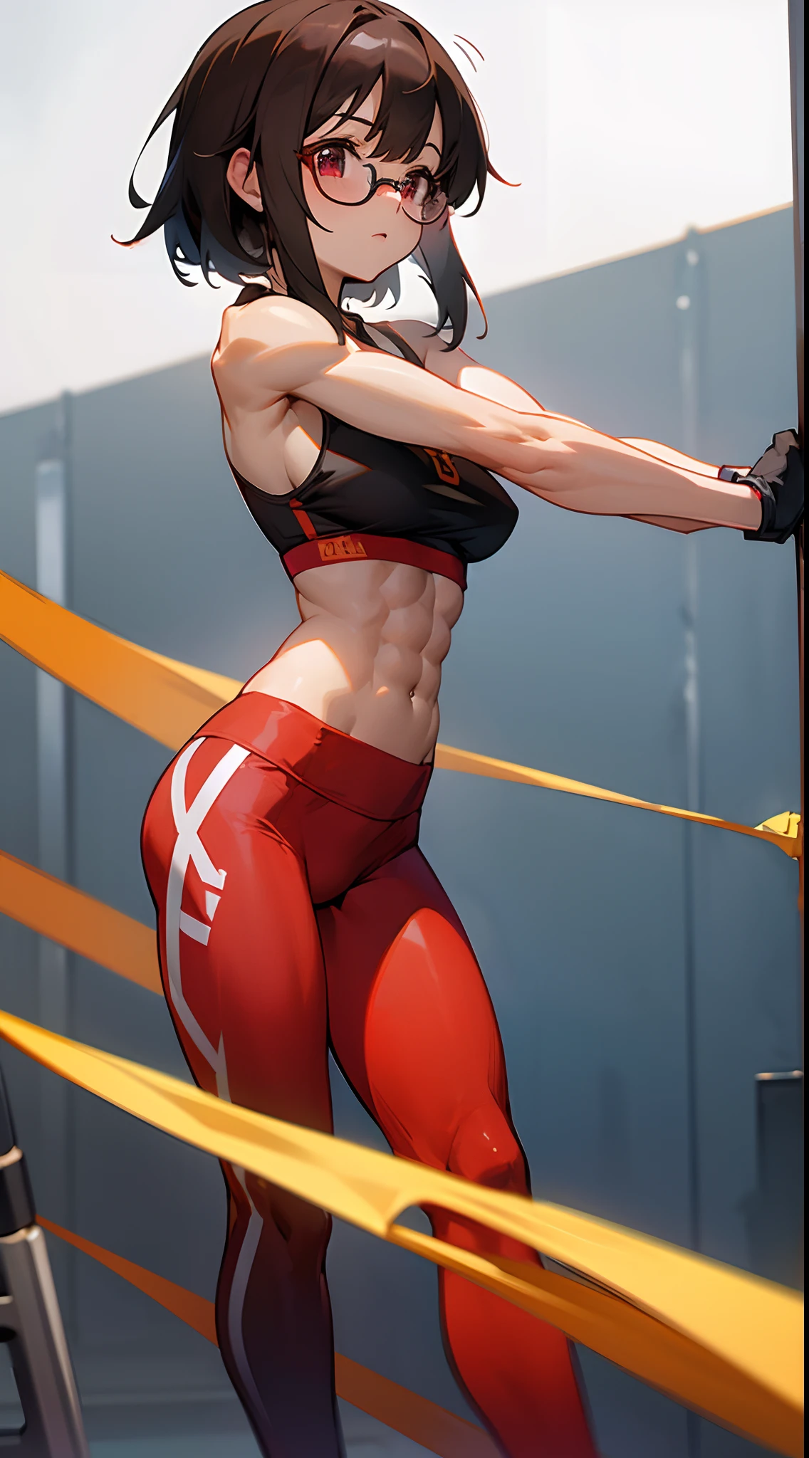 Kurisu makise, six pack abs, arm muscles, Red sports bra, Red Sports Leggings, hair long, gym, big breasts, adult, Bodybuilder Girl, perfect abs, six pack abs, perfect body