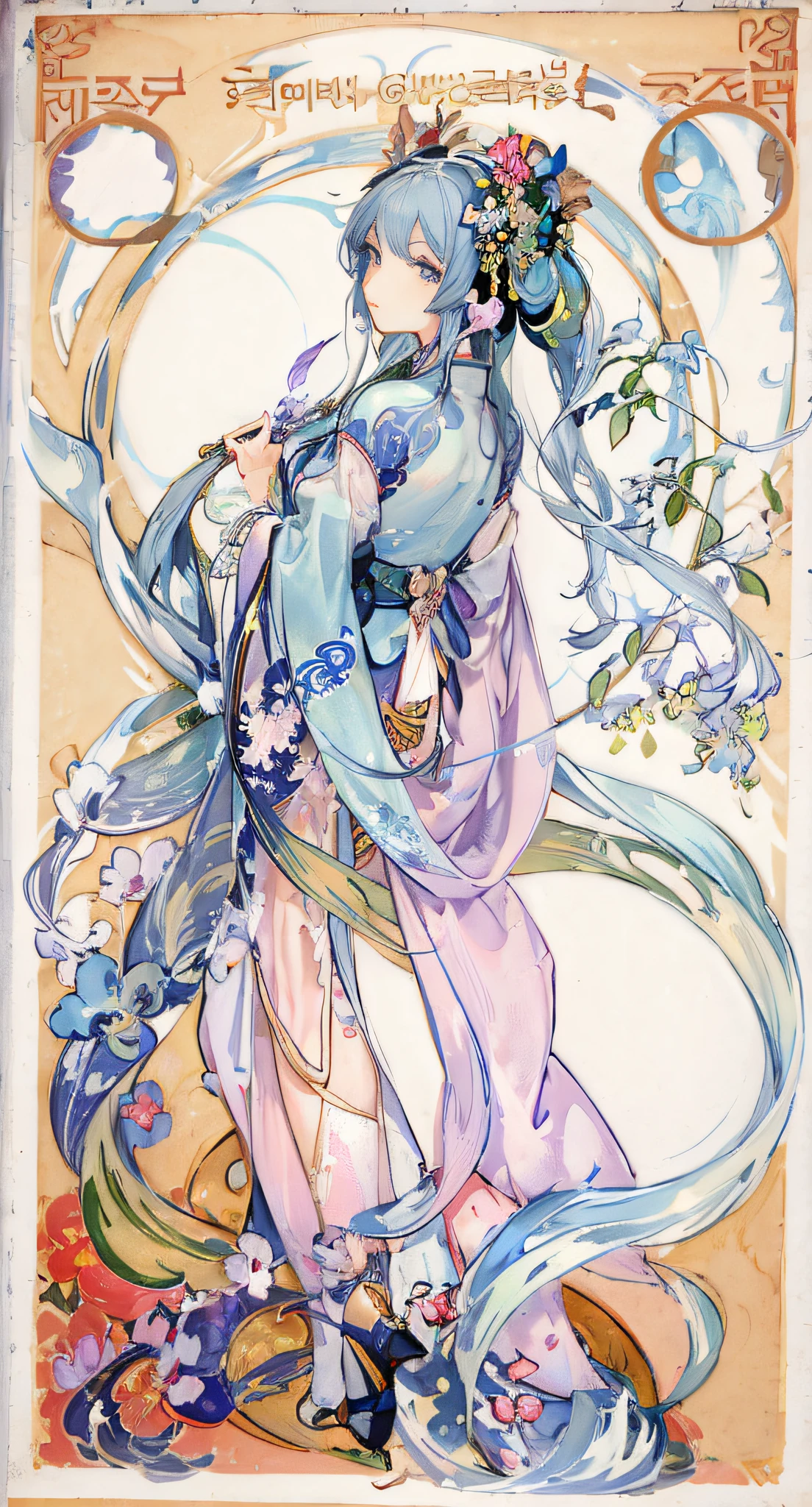 Anime girls wearing blue and pink dresses，With a fan, korean art nouveau anime, Alfonse Mucha ， from china, anime art nouveau, Alphonse mucha and rossdraws, inspired by Uemura Shōen, oriental art nouveau, Inspired by Qiu Ying, Anime artwork, full-colour illustration, Beautiful anime artwork, Onmyoji detailed art