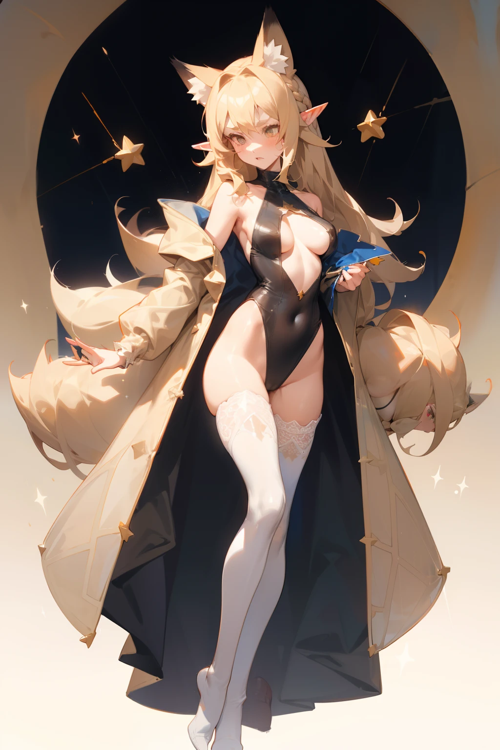 pointy ears,Long beige hair,one-girl,Bigboobs,fox ear,Two legs,Deep V one-piece swimsuit,White knee-length stockings,Star decoration,(middle parted hairstyle),The hair of the sideburns grows to the chest,hair straight,Lace,raincoat,see-through raincoat,No shoes on