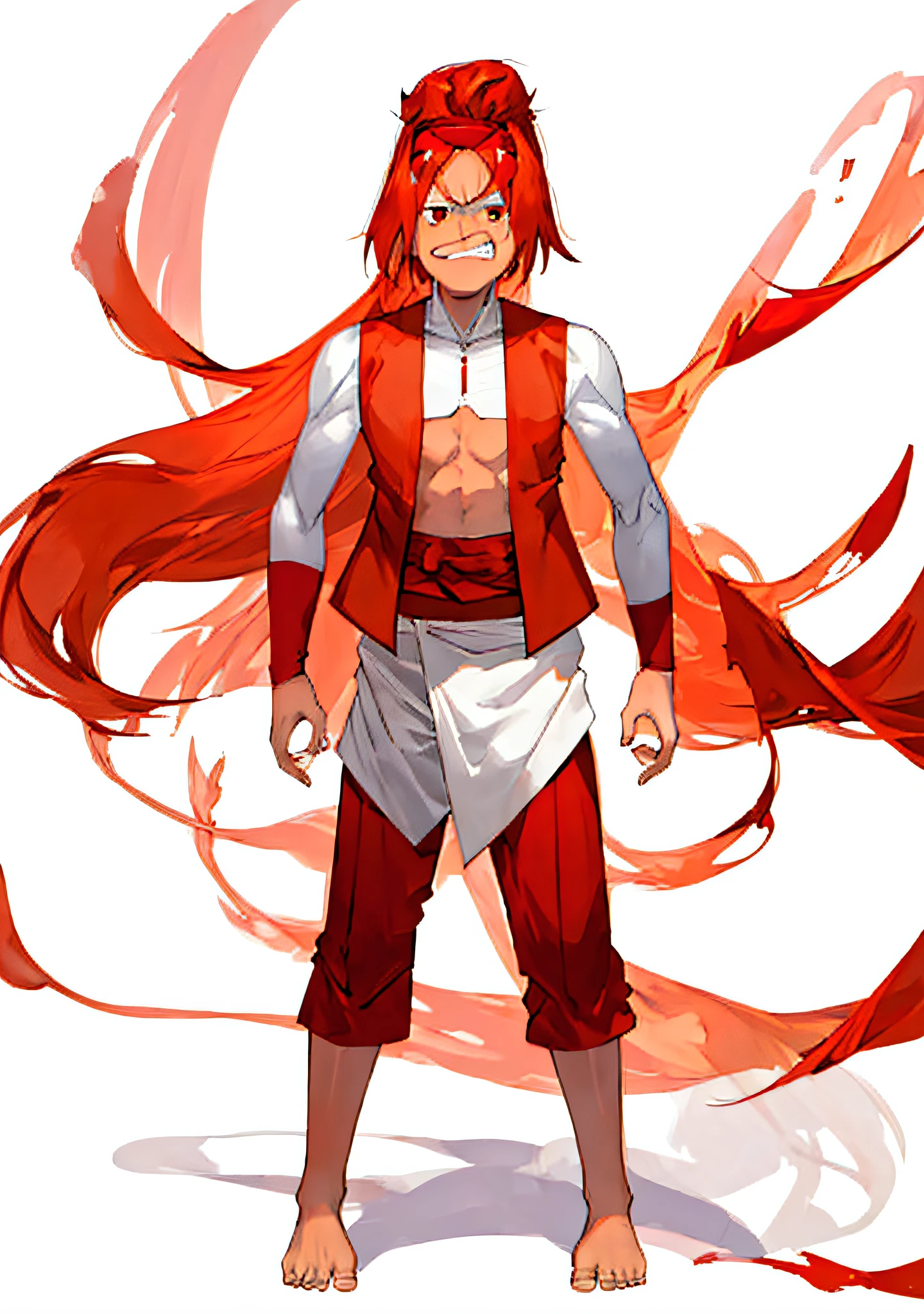 white background, anime style, one person, a man, tan skin, long hair, (shirt less), red vest, red pants, white cloth on the waist, angry face, red head band, barefoot