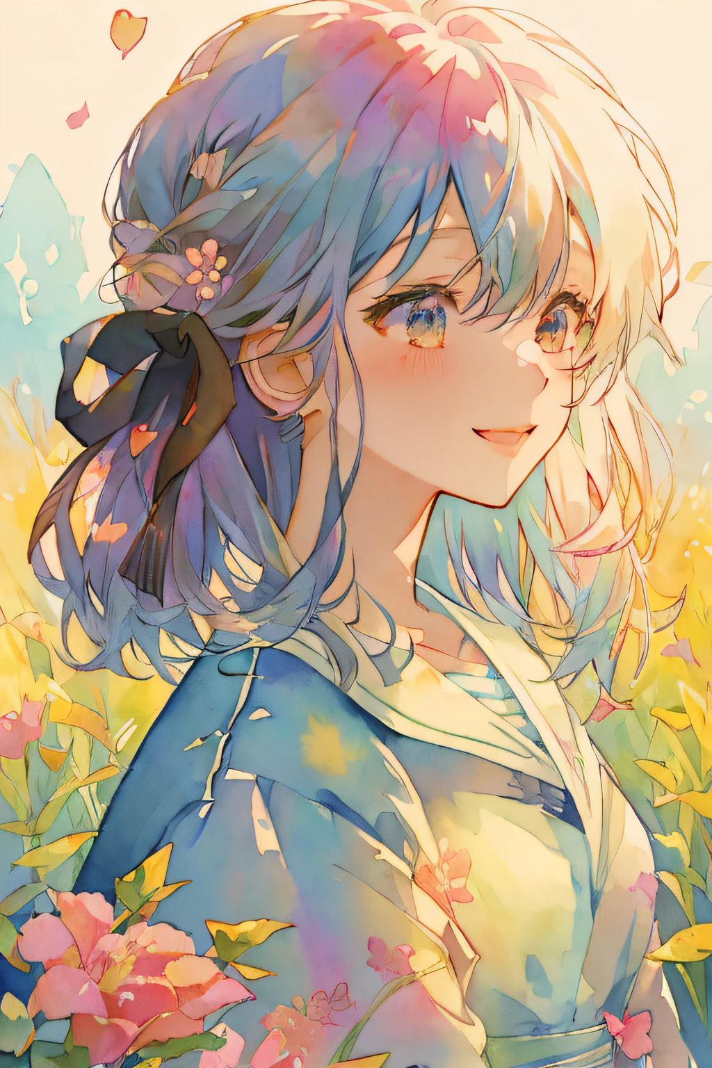 (High quality, 8K), watercolor paiting, Simple dress, Woman with flowers and blue dress in hair, beautiful anime artwork, Beautiful anime, Beautiful Anime Portrait, clean detailed anime art, soft anime illustration, anime art wallpaper 4k, anime art wallpaper 4k, Detailed Digital Anime Art, beautiful anime art style, beautiful anime style, detailed anime art,A detailed face,A detailed eye,(Soft light),Smile, lots of flower, (Warm), Warm Art, Winters, cardigan, knit