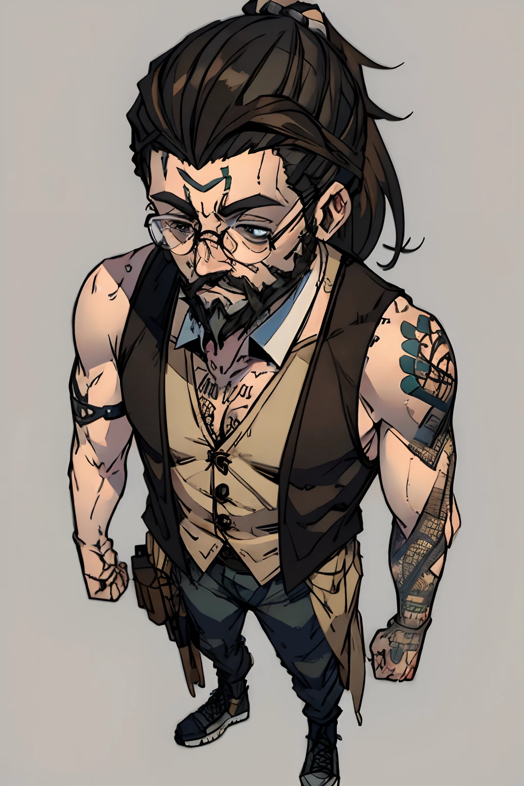 Slim man, old hipster man wearing a vest, tied up hair and tattoos on his arms, brown hair and beard, full body