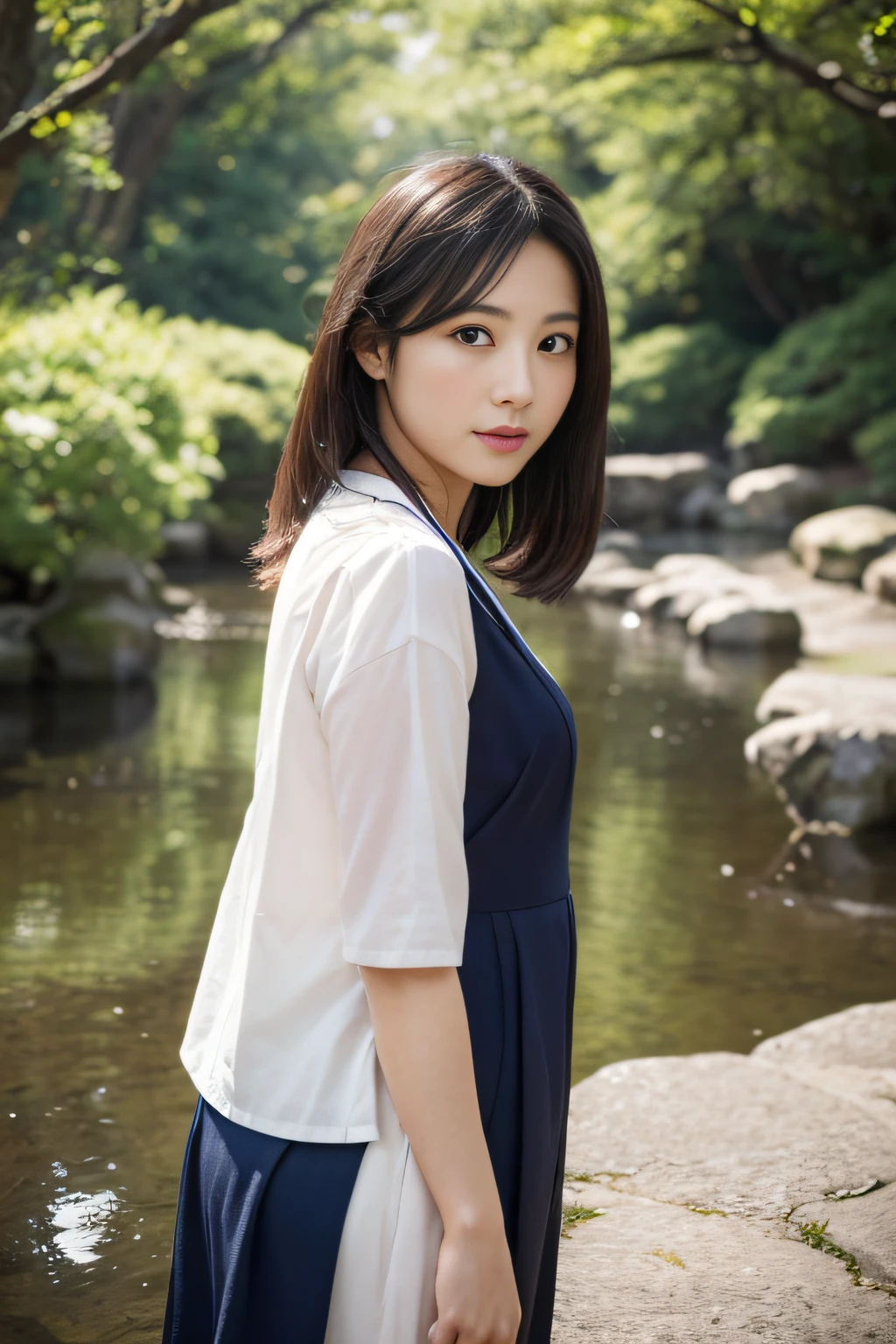 (masterpiece:1.3、high-level image quality、hightquality)、(Beautiful realistic Japan person:1.3),(perfect anatomia、Beautiful perfect limbs、Beautiful skin、Healthy body),(Japanese actressl:1.3、cute little:1.3)、A dark-haired、bobhair、21years old、Beautiful appearance、Engaging pose、Signs of spring、Gravure photography、professional photograpy、blows wind、The murmur of the creek、serene landscape、Tender love、