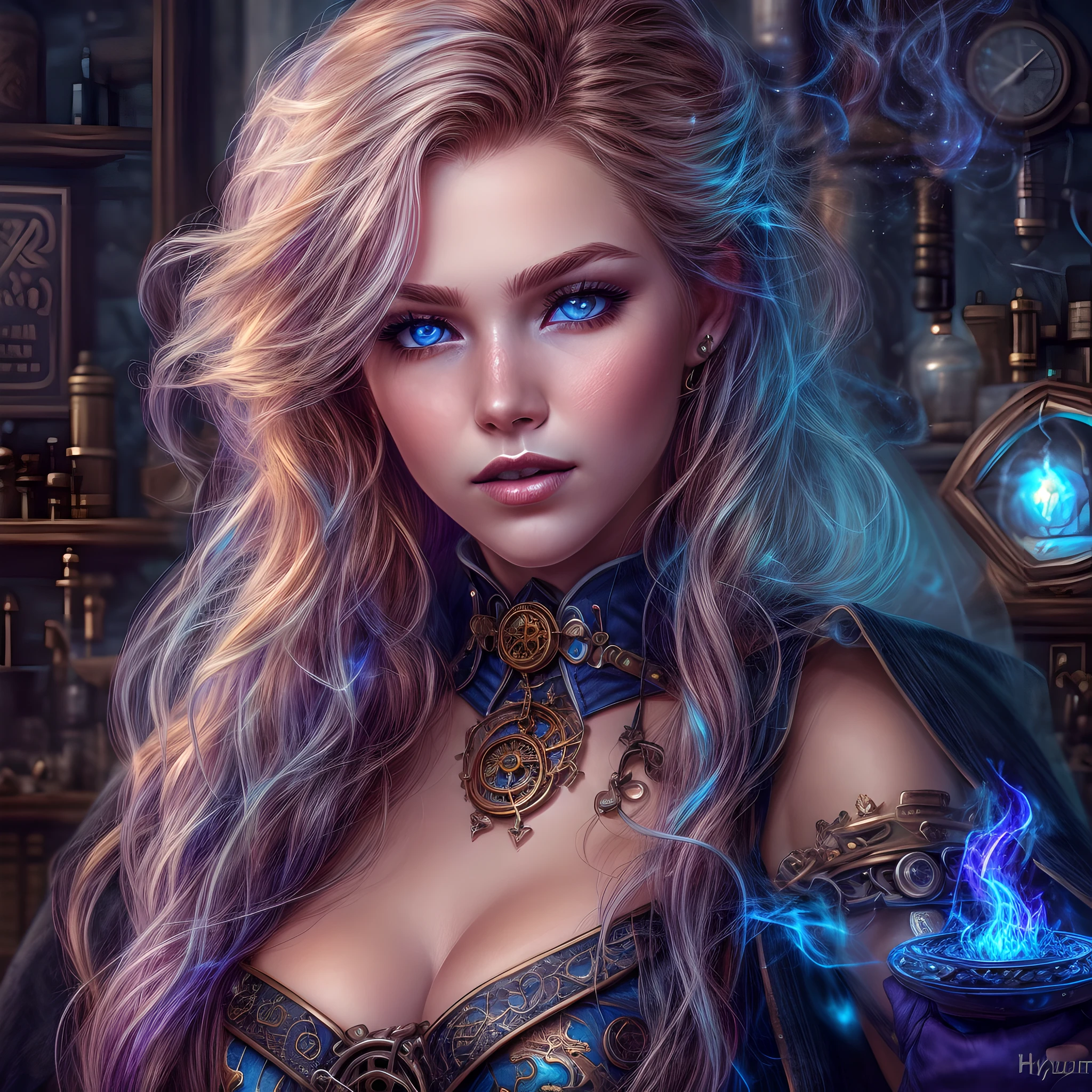 ffantasy art, steampunk art, RPG art, photograph, RAW, , Best Detailed, picture of a woman wizard, standing proudly, manipulating magical blue fire, extremely beautiful woman (best Detailed, Masterpiece, Hyperrealistic: 1.5) blond hair, rich hair, wavy hair, dynamic eyes color, wearing black and white dress, wearing (white cloak: 1.2), wearing (pantyhose: 1.2), wearing high heeled boots, laces boots, make up, steampunk laboratory background, ultra best realistic, best details, best quality, 16k, [ultra detailed], masterpiece, best quality, (extremely detailed), ultra wide shot, photorealism, depth of field, hyper realistic painting, GlowingRunes_purple, blue fire