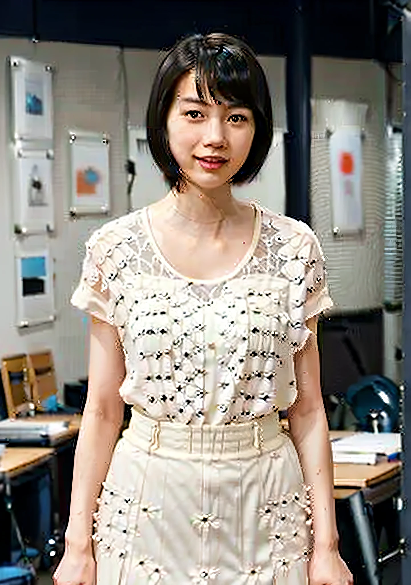 Masterpiece, Extreme, Official Artist, Very Fine CG Unity 8k Wallpaper, 1 Female Student, Beautiful, Extremely Delicate, Super High Resolution, (Fidelity: 1.4),, Golden Hour Lighting,, (Upper Body), (Platinum Short Hair: 0.8 ), ((puffy eyes)), looking at viewer, facing forward, smiling, laughing, jk skirt, white dress, shirtlift, black long hair