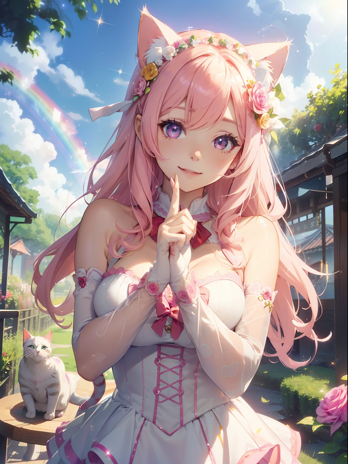 masutepiece, High resolution, 8K, anime woman, Delicate and detailed writing 、Detailed digital illustration、Very long hair and shiny、Bangs、a very beautiful woman、Eyes are double, Large, Bust is D cup、High image quality, High quality、Detailed background、(((Wearing idol clothes)))、((Colorful flower garden、Very beautiful background of clouds and rainbow in the sky))、(The inside of the eye shines like a diamond、Light pink hair、Gradient pupil、(((2 arms、4 fingers, 1 thumb)))、Detailed female face、Very beautiful and cute woman、、细致背景、masterpiece、Soft Focus , Bright gradient watercolor , Lens Flare , (((Glitter))) , Glow , Dreamy ,Idol、Pink ribbon、Very beautiful red rose hair accessories、Pink and gold outfit、White is the main costume、((Full smile))、((Macro for the eyes))、(((cat ear、Cat costume)))、((Cat Pose)))