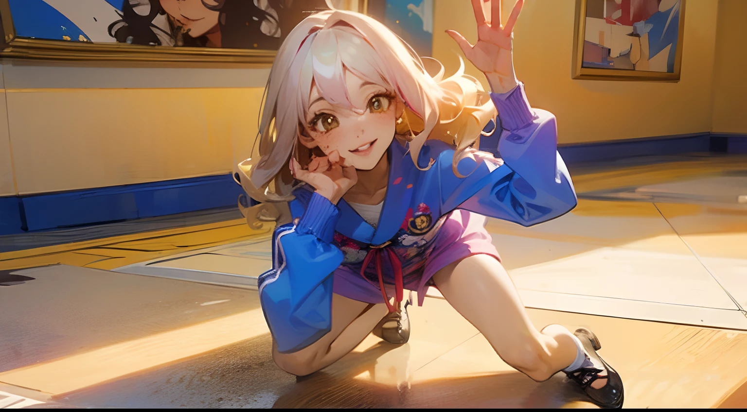 PERFECT BODY, full body, posing on floor, cute, thick thighs, defined body, soft skin, freckles, shy, flirty, long legs, platform shoes, ribbons, glossy lips, dynamic pose, floor pose, looking up at camera, sneaky expression, golden eyes, girl, platinum white hair, wavy hair, anime style, digital art, happy, happy eyes, hands up, light pink sweatshirt with Neymar Jr print, loish, dazzling, soft light, color blocking in background, splatters of paint,sun glow, back light,