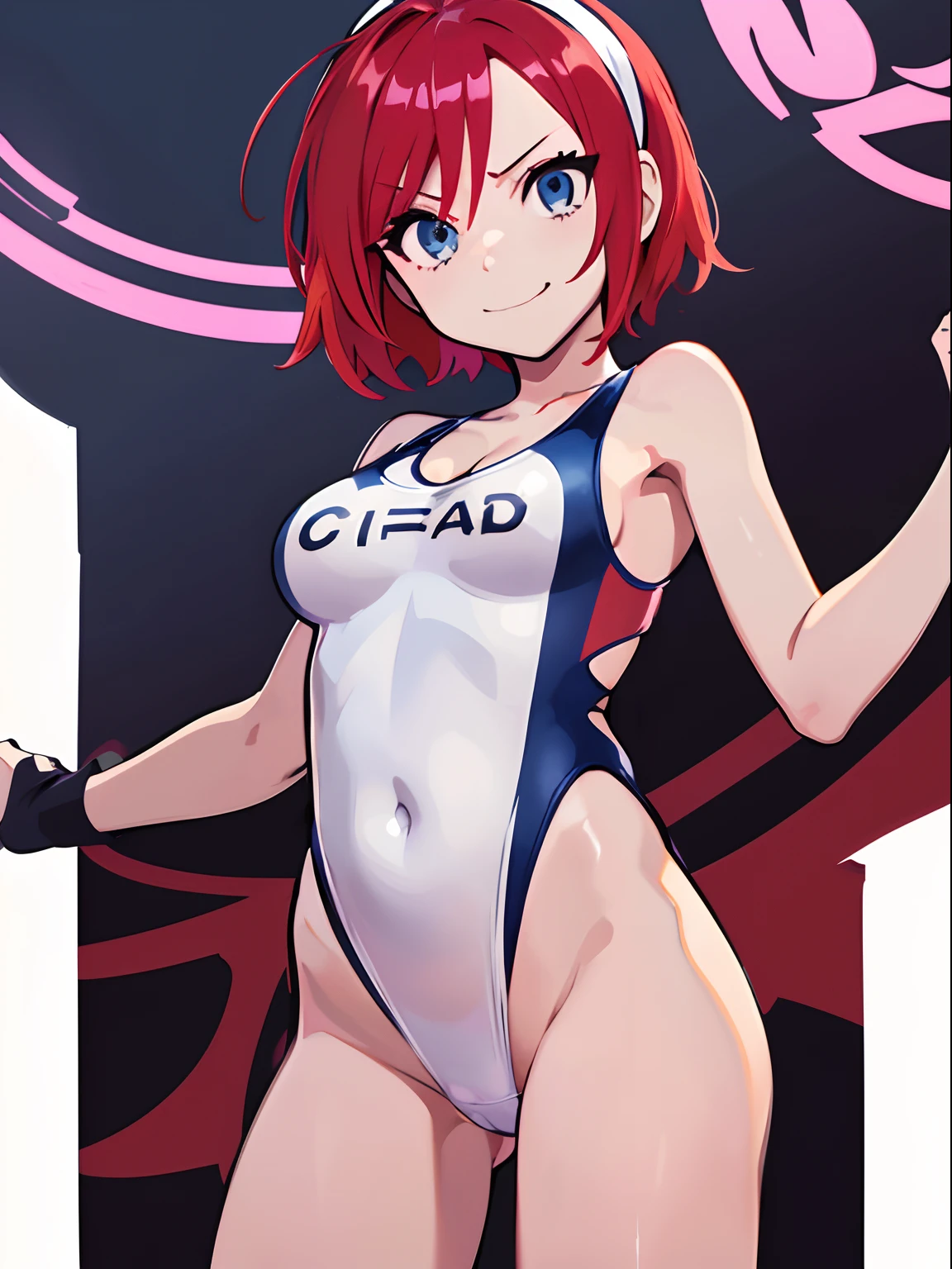 masutepiece, Best Quality, Highly detailed, hight resolution,Karen Stadtfeld,Blue eyes, Hair intake, Large breasts, Red hair, Short hair,spiked hair+,MKSKS style,(onepiece swimsuit:white:1.5)+ white_Swimsuit+,{{{livestream, Live stream screen view, Smile, }}}, Play button, Seeking, 1girl in, pajamas, White Mouth Mask, cleavage, {{{Text}}}, Comments by Bilibili, Sexy Pose,Sexy