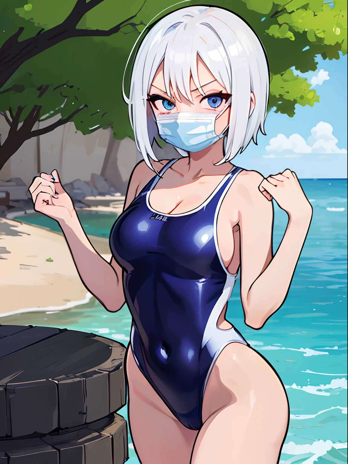masutepiece, Best Quality, Highly detailed, hight resolution,Karen Stadtfeld,Blue eyes, Hair intake, Large breasts, Red hair, Short hair,spiked hair+,MKSKS style,(onepiece swimsuit:white:1.5)+ white_Swimsuit+,{{{livestream, Live stream screen view, Smile, }}}, Play button, Seeking, 1girl in, pajamas, White Mouth Mask, cleavage, {{{Text}}}, Comments by Bilibili, Sexy Pose,Sexy