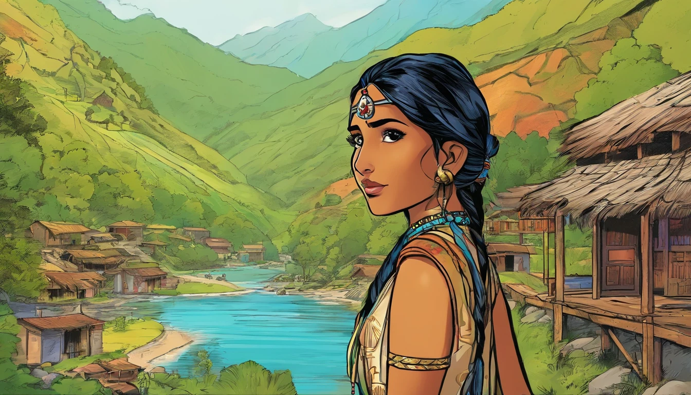Indian girl face close up, valley behind her, huge water fall, huts in mountain