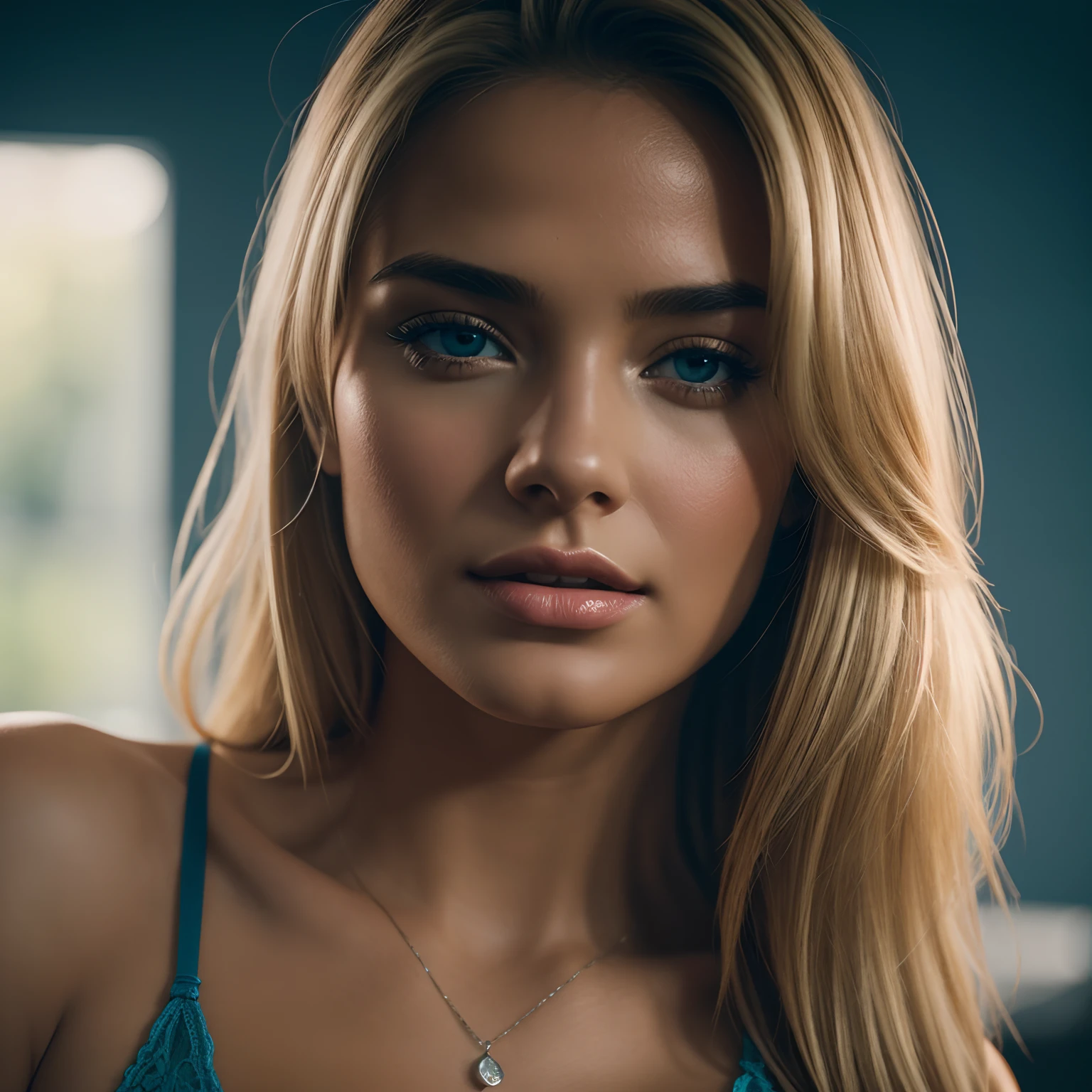 Photorealistic of an insanely beautiful woman with blonde, windigen, unordentlichen Haaren, Im Stil von Panasonic Lumix S Pro 50mm F/1.4, Hellbeige und dunkles Azurblau, Mashups for Celebrity Pictures, Sanfter Realismus, Barbiecore, Unreal Engine 5, 32k UHD, Leuchtkraft, Schweizer Realismus, Niji 5