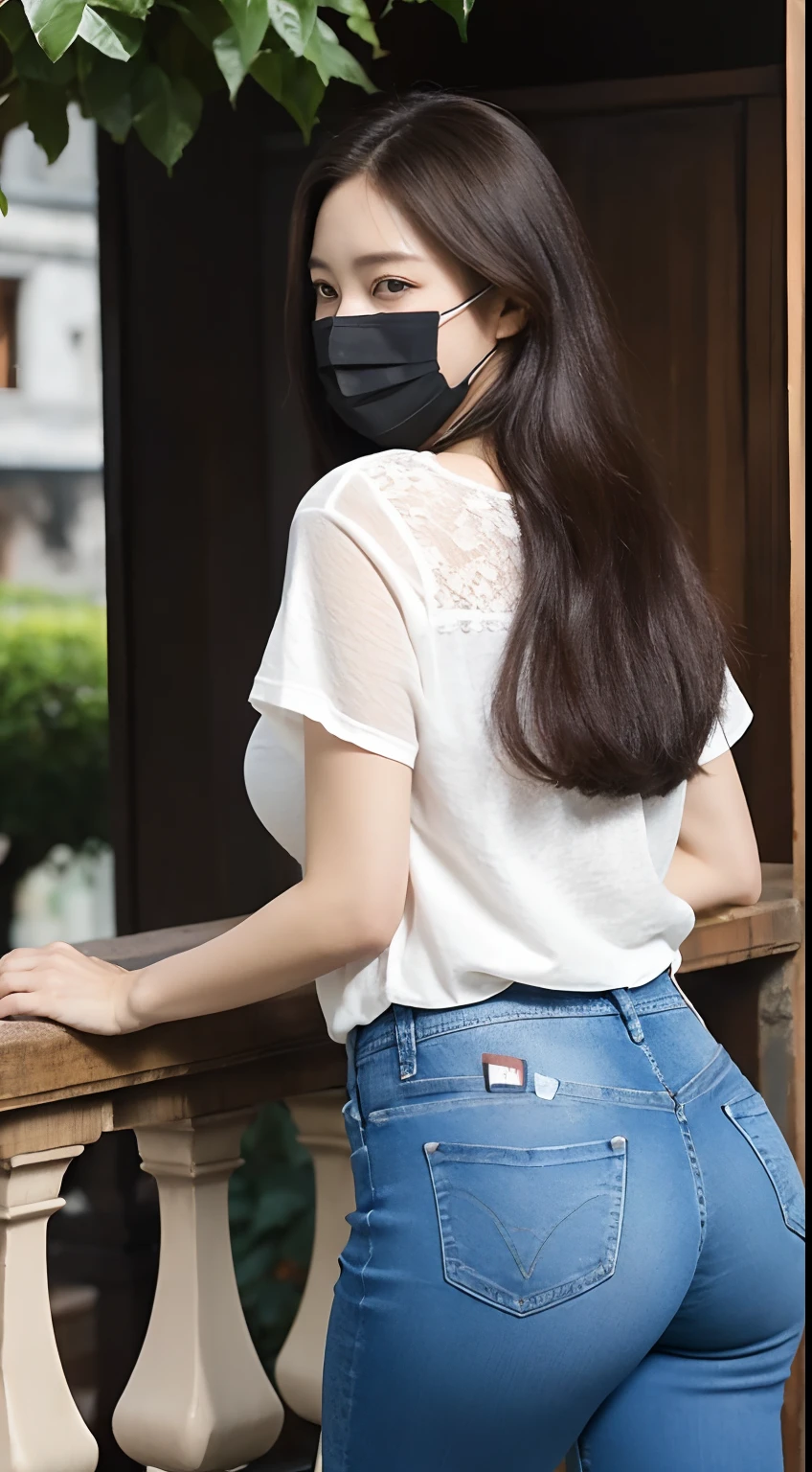 wear tight jeans，Tall guy，White lace T-shirt，Plump buttocks，Full breasts，Realistic faces，largeeyes，detail-rich，mano，skin textures, Whiten skin，cabelos preto e longos，The back is charming，Wearing a black mask，In Wuzhen